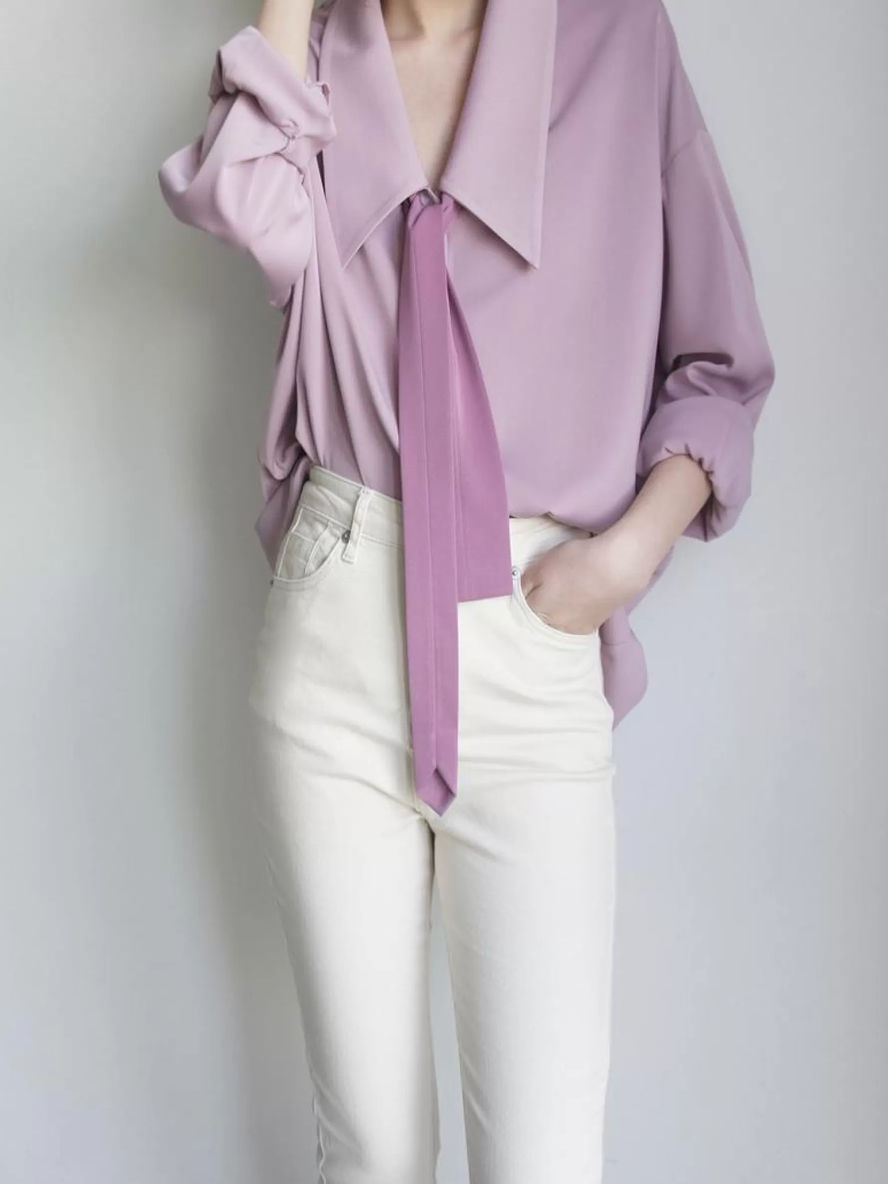 Jingus Pointed Collar Tie Front Blouse-J.ING