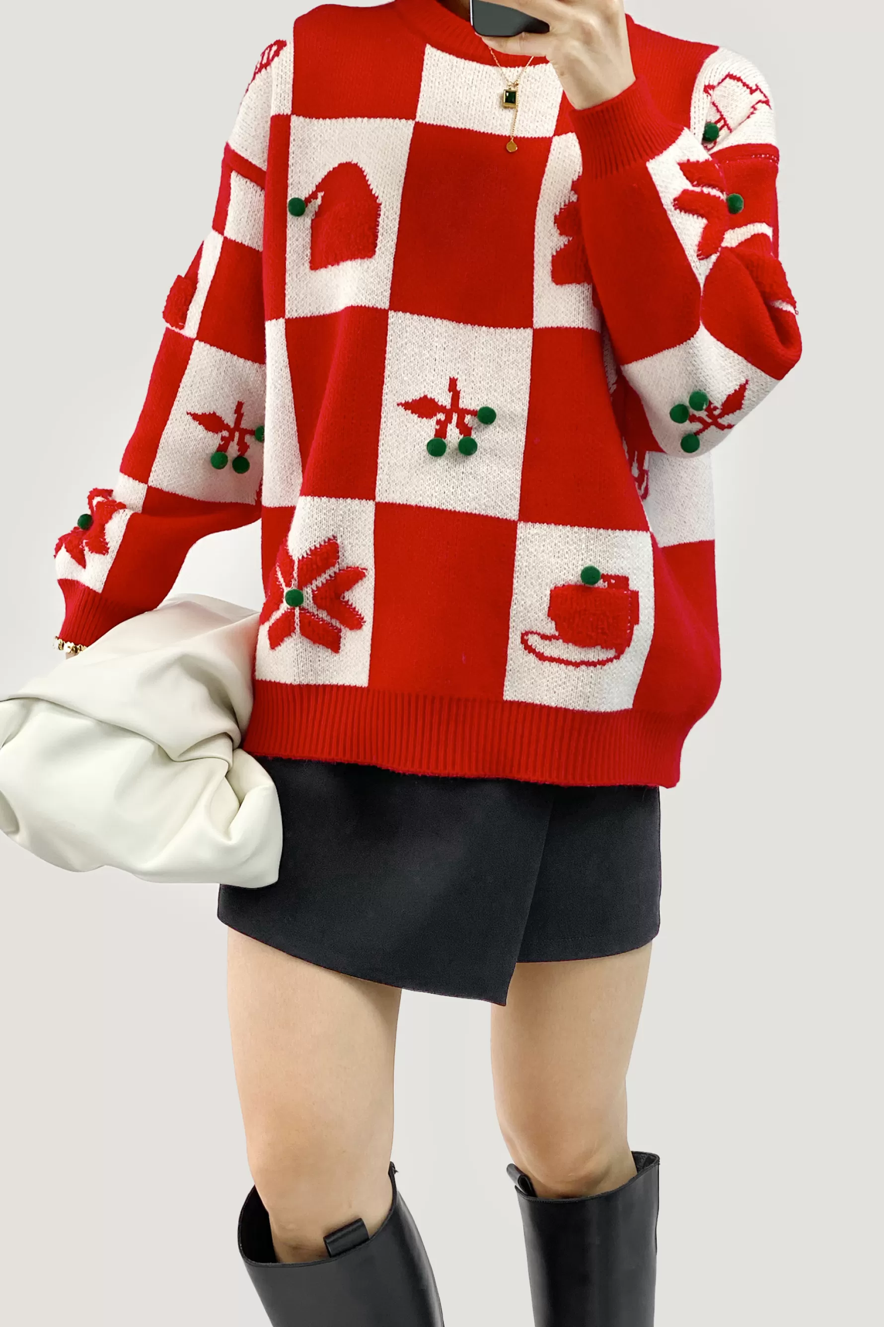 Jingus Cherry Prints Crew Neck Checkerboard Christmas-J.ING