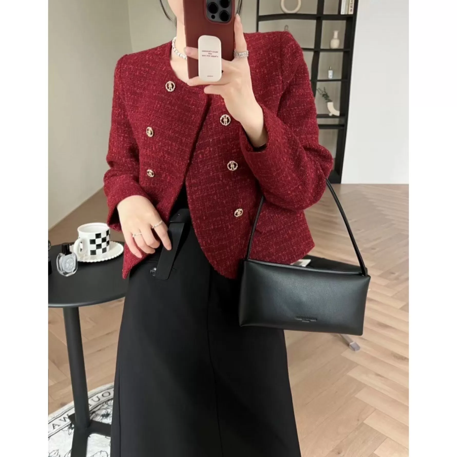 Jingus Red Doube-Breasted Tweed Crop Jacket-J.ING