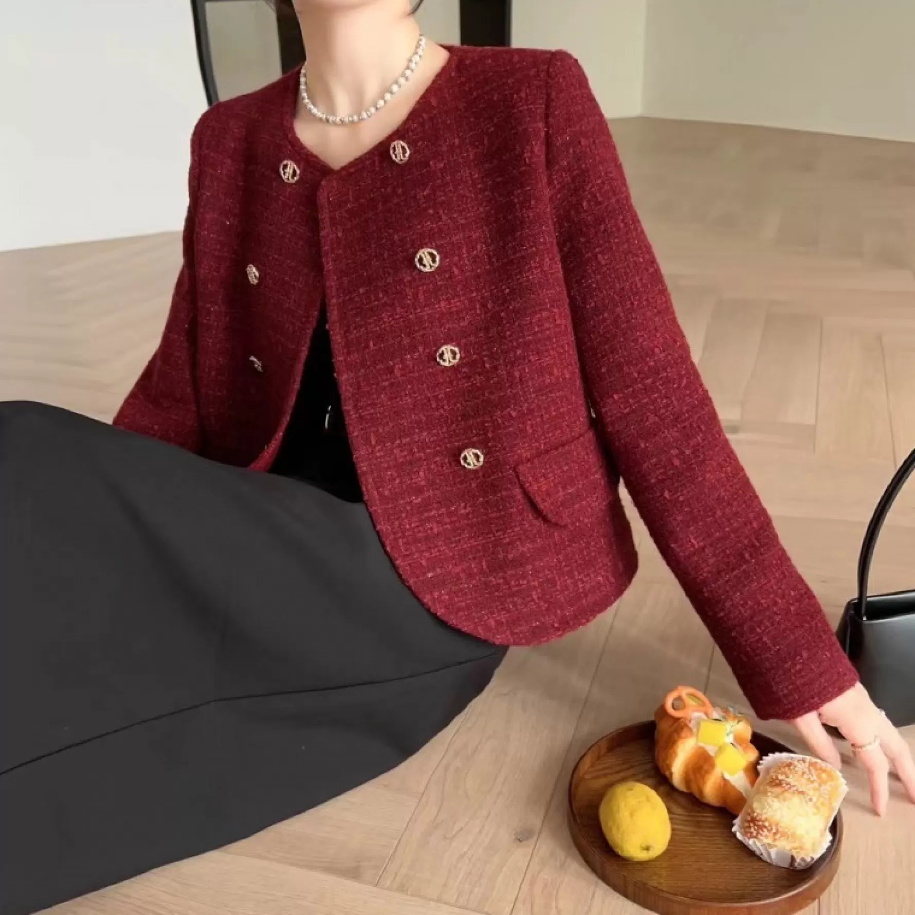 Jingus Red Doube-Breasted Tweed Crop Jacket-J.ING