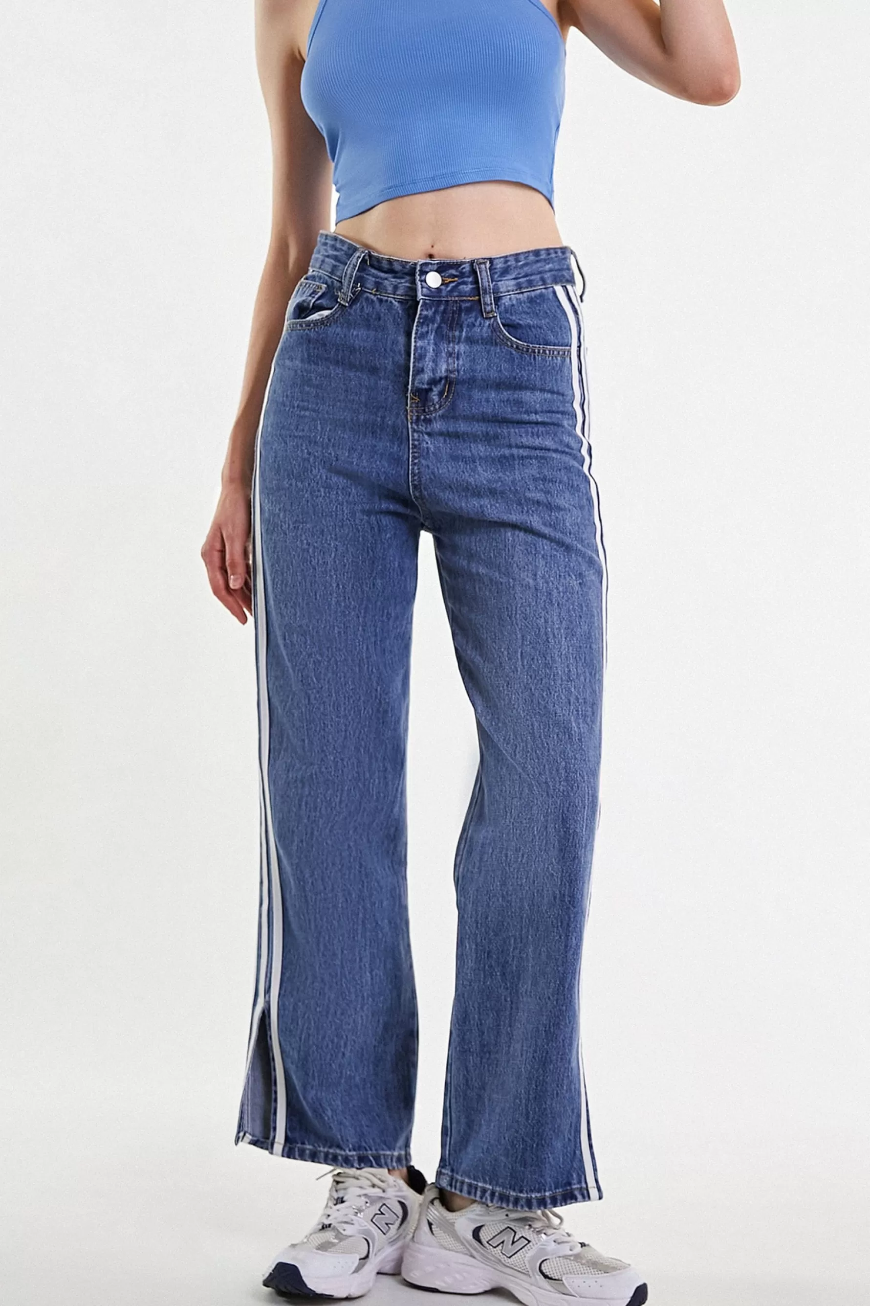 Jingus Royal Blue Side Stripe Slit Hem Jeans-J.ING