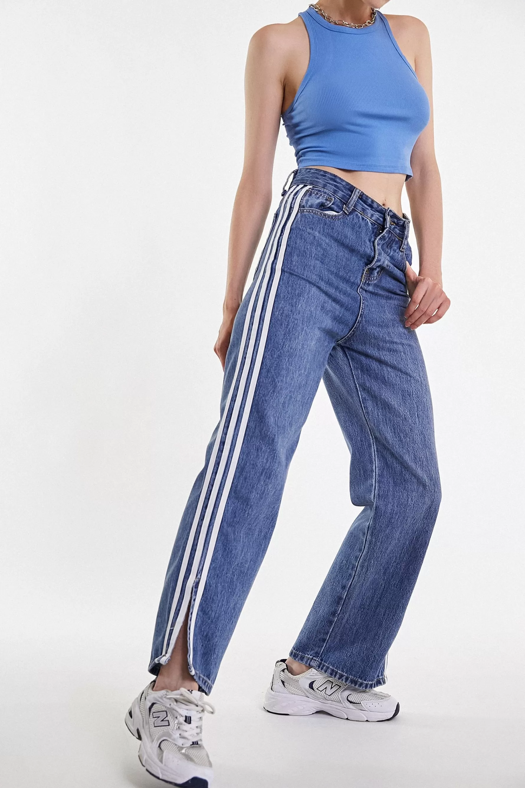 Jingus Royal Blue Side Stripe Slit Hem Jeans-J.ING