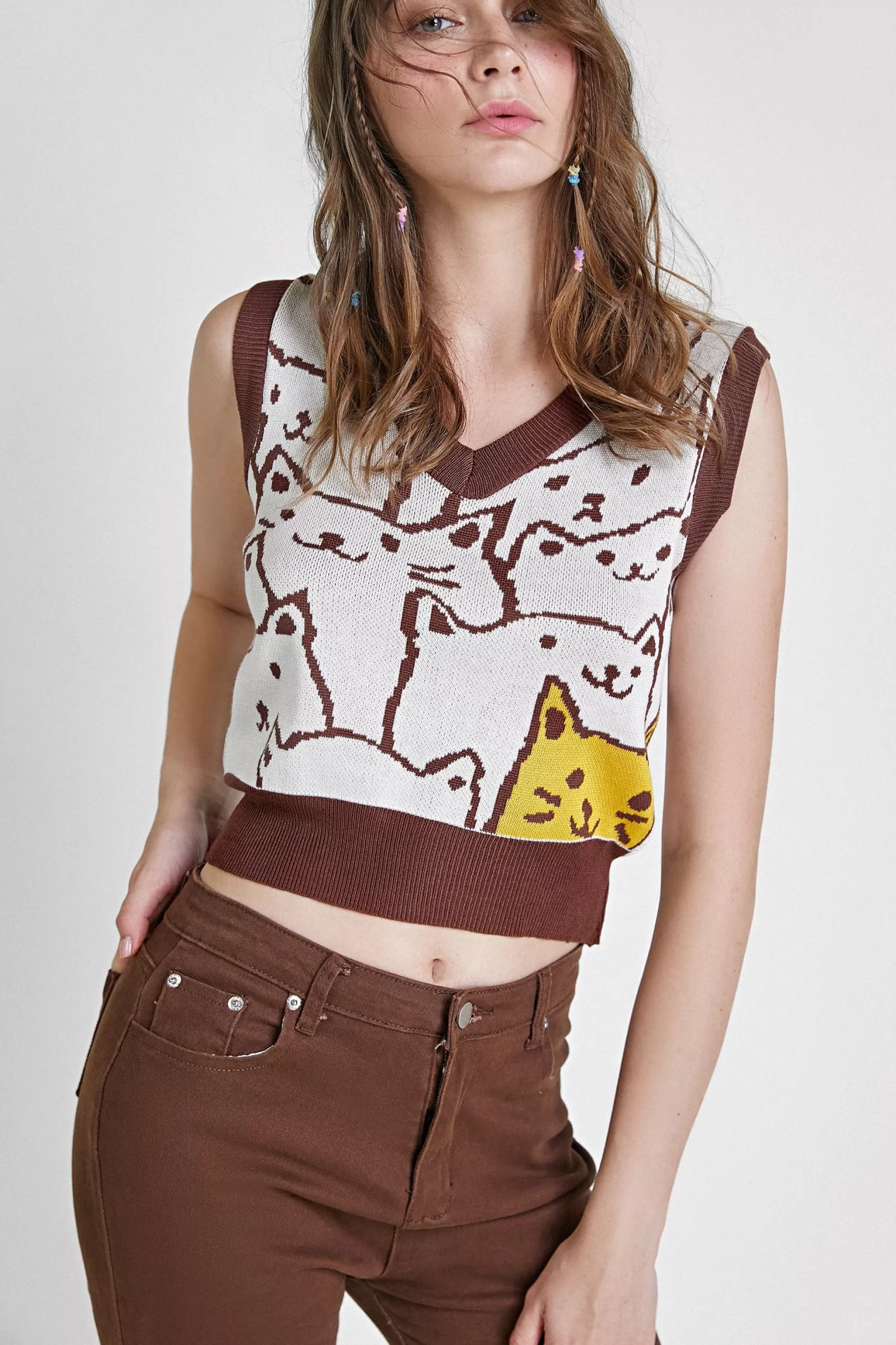 Jingus Saddle Brown Cat Print Knitted Vest-J.ING