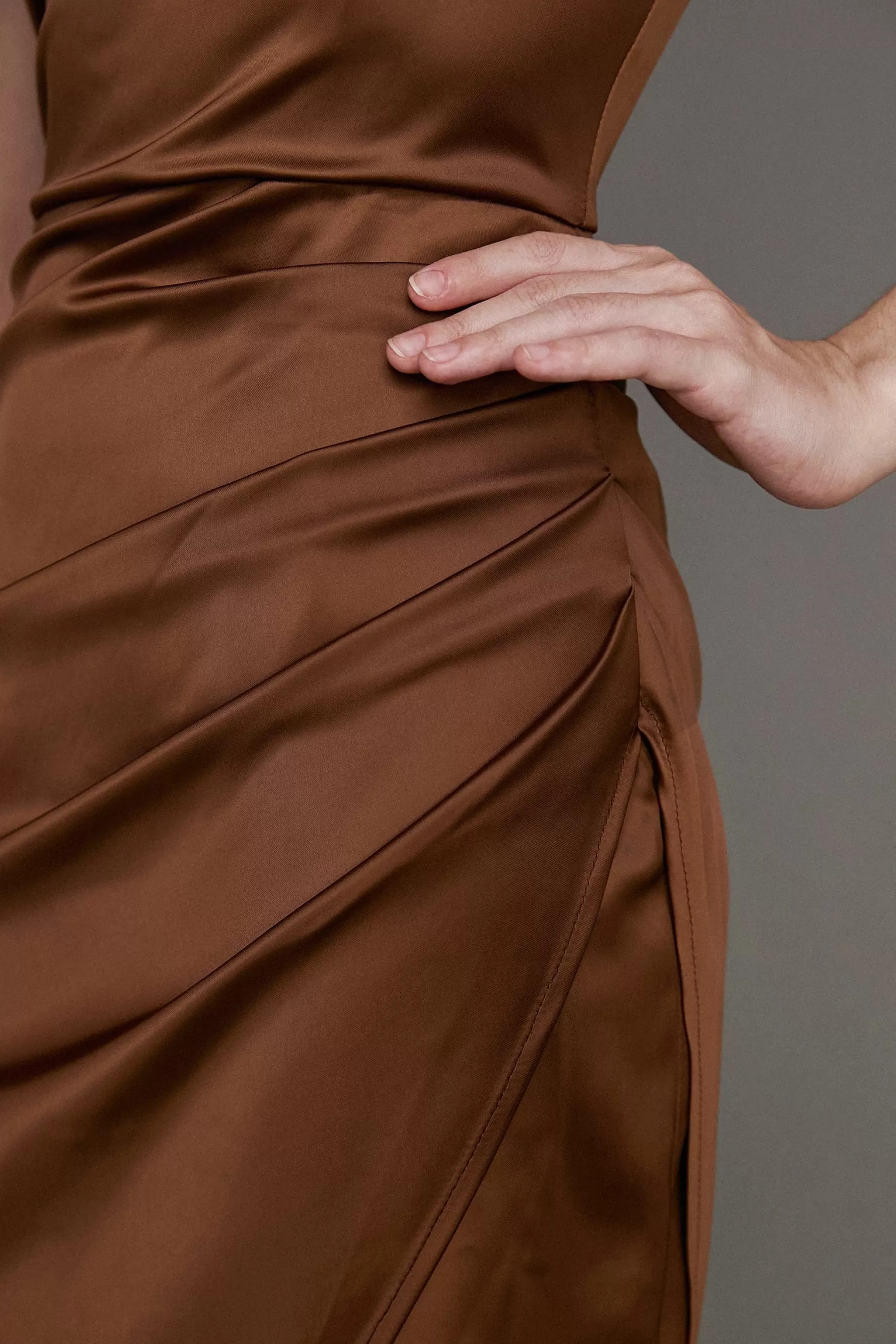 Jingus Saddle Brown Cowl Neck Pleat Detail High-Low Midi Dress-J.ING