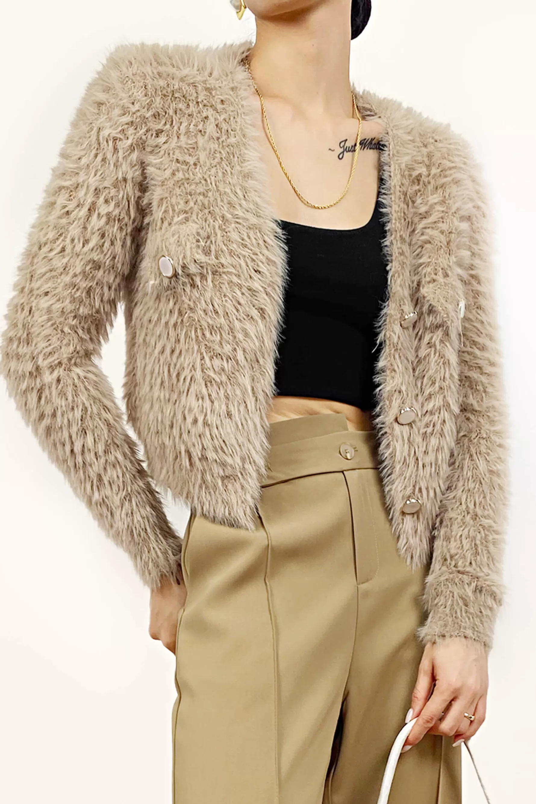 Jingus Sandy Brown Fuzzy Knit V-Neck Cropped Cardigan-J.ING