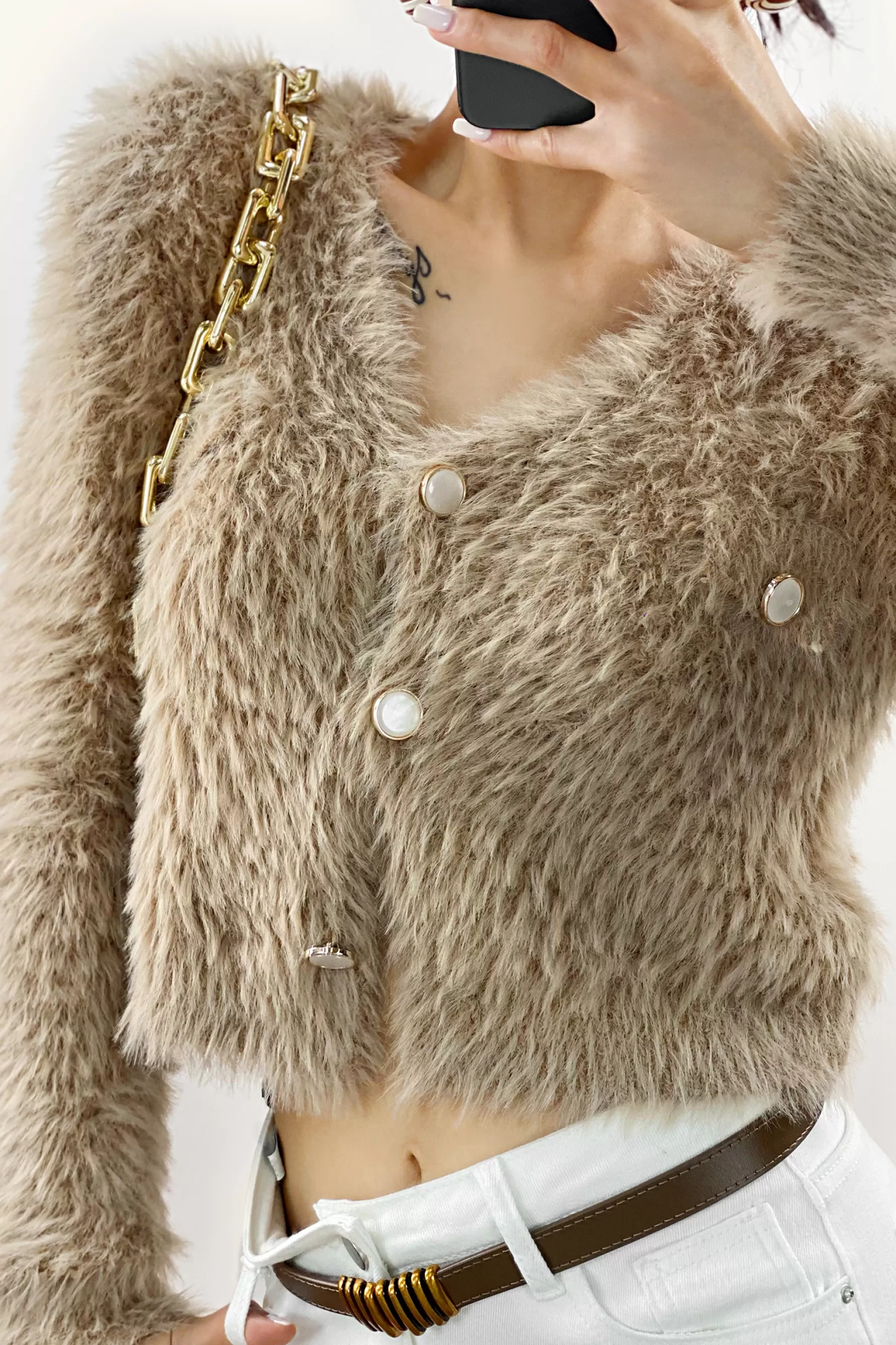 Jingus Sandy Brown Fuzzy Knit V-Neck Cropped Cardigan-J.ING