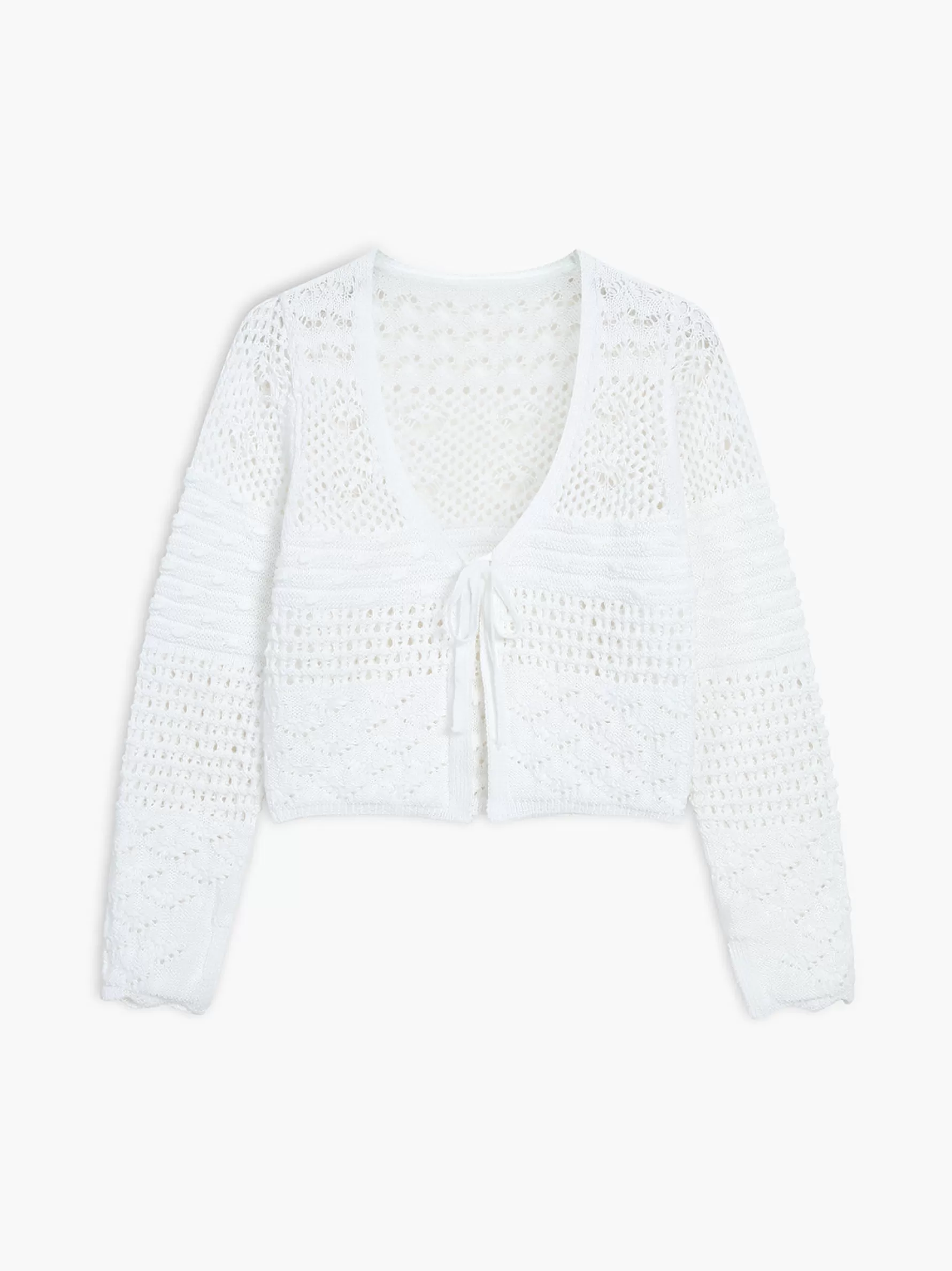 Jingus nowflake Eyelet Crochet Tied Crop Cardigan-J.ING