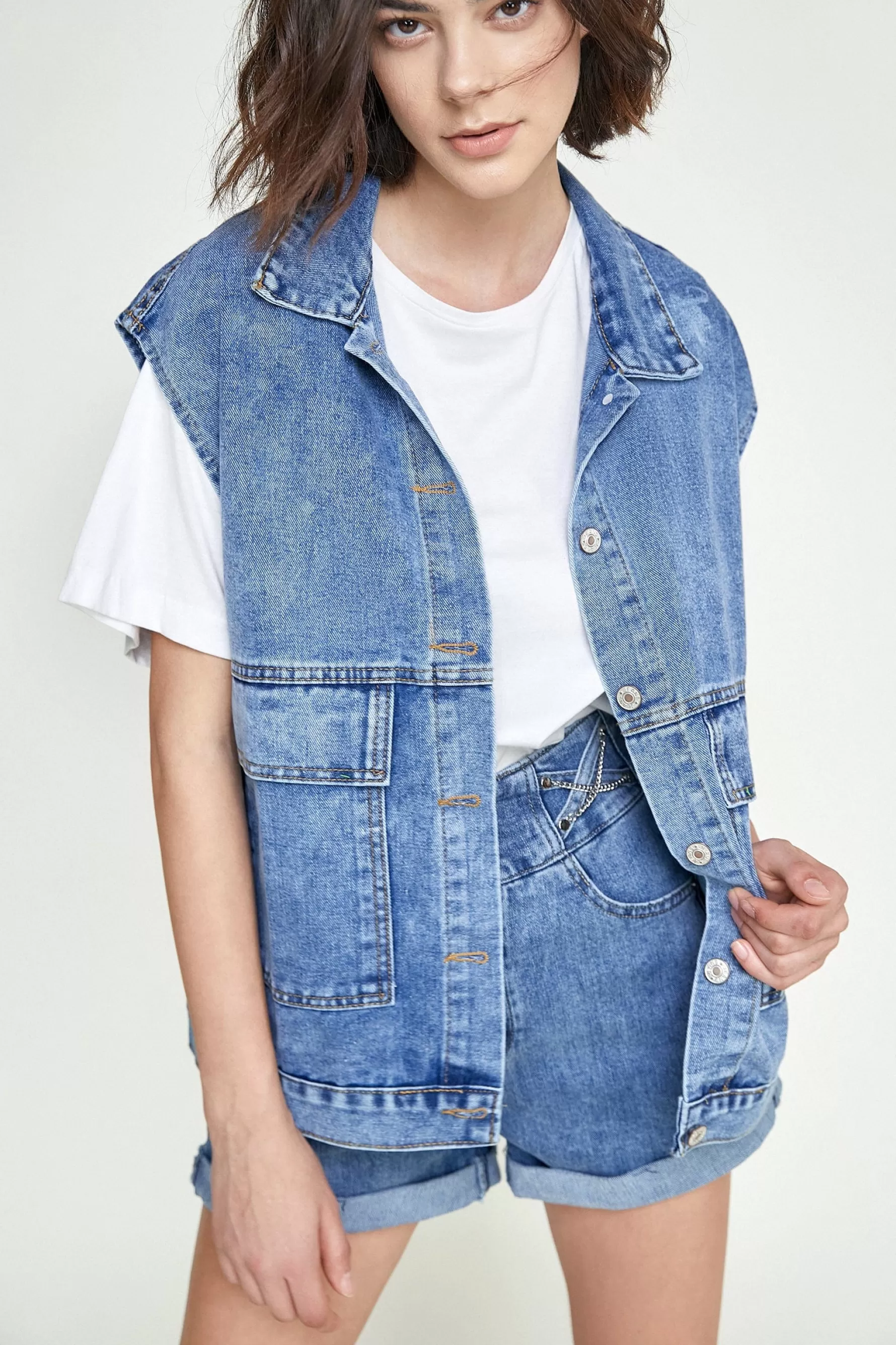 Jingus Steel Blue Collared Flap Pocket Button Front Denim Vest-J.ING