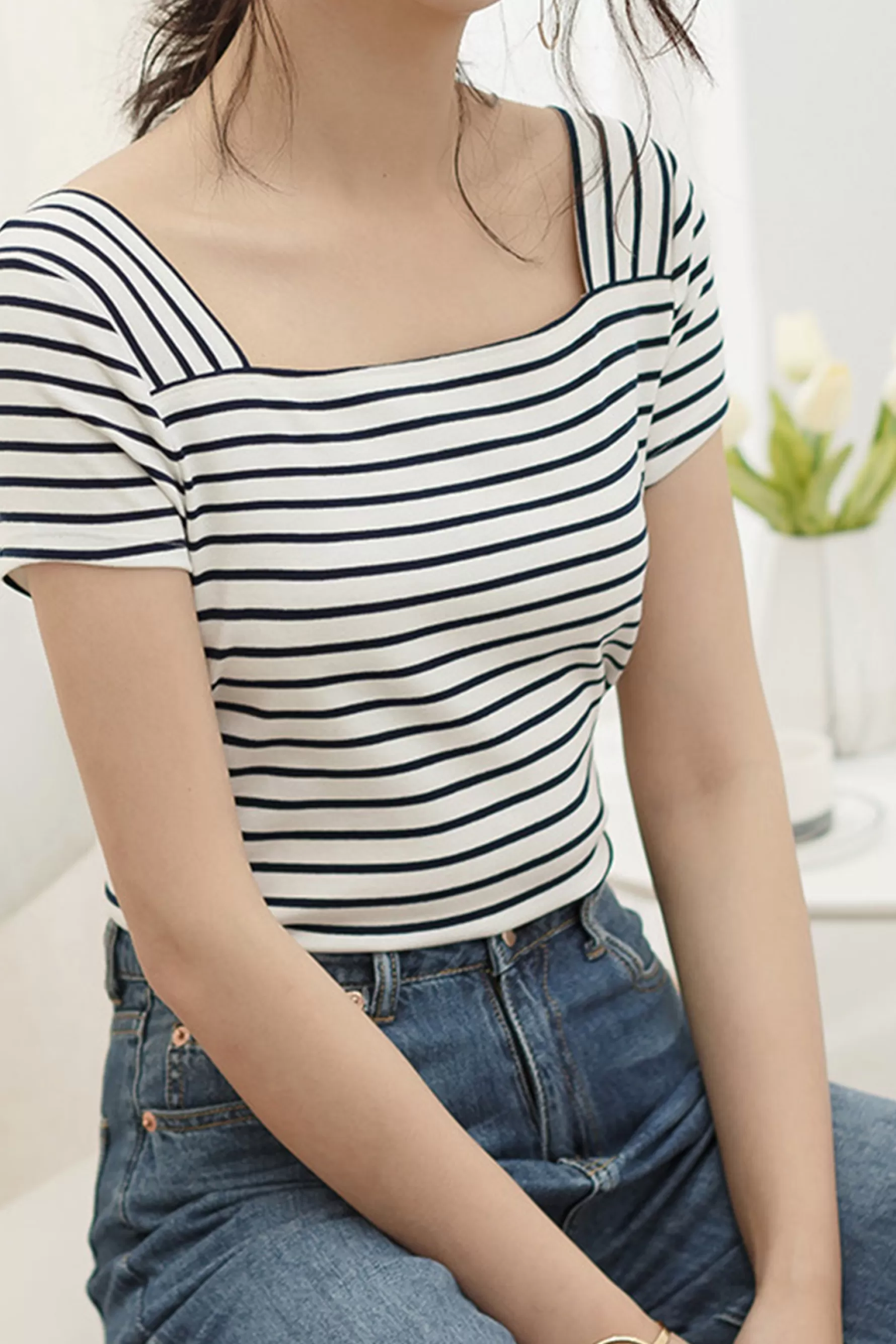 Jingus Striped Square Neck T-Shirt-J.ING