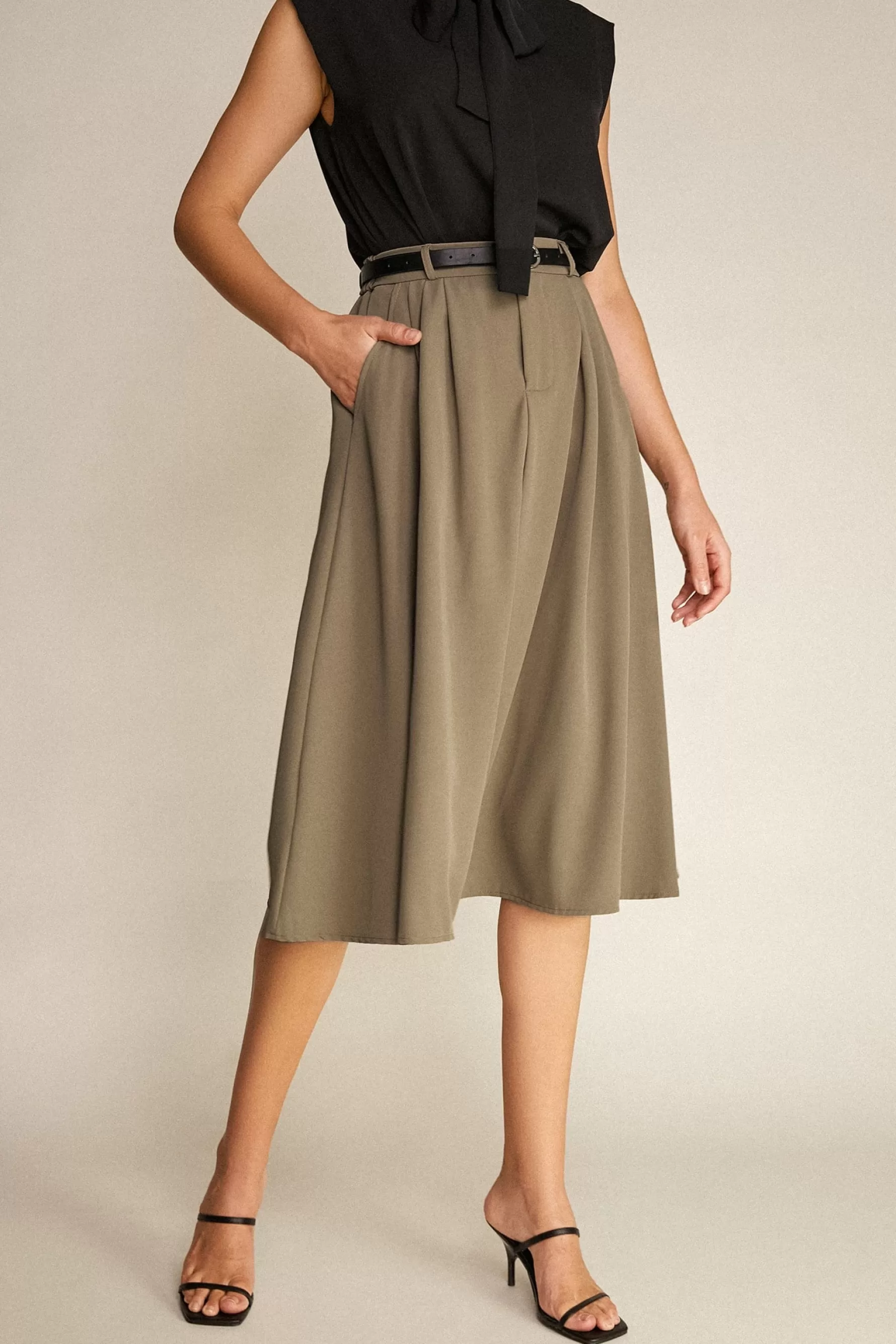 Jingus Belted Pleat Detail Midi Skirt-J.ING