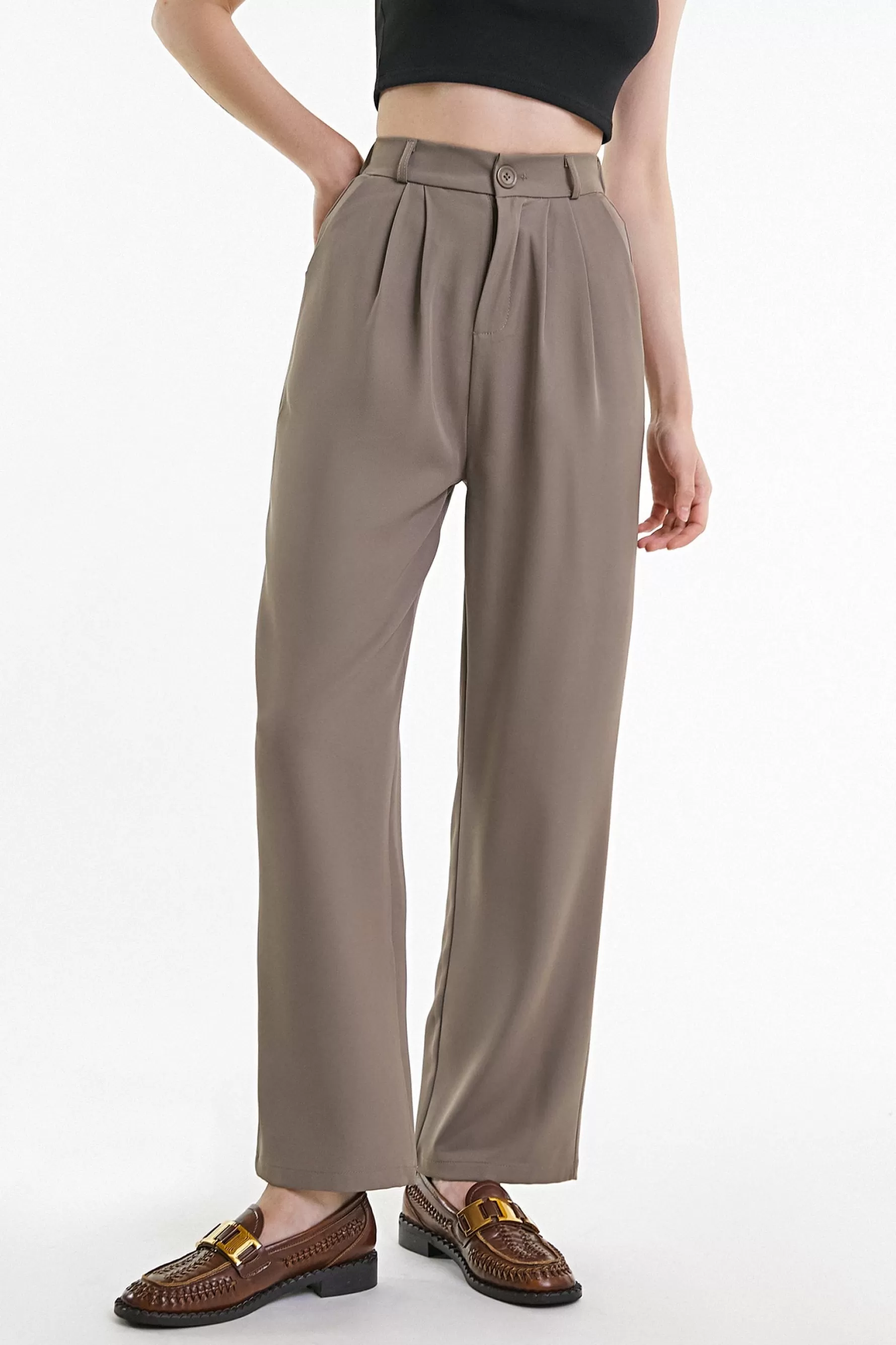 Jingus Half Elastic Pleat Detail Wide Leg Suit Pants-J.ING