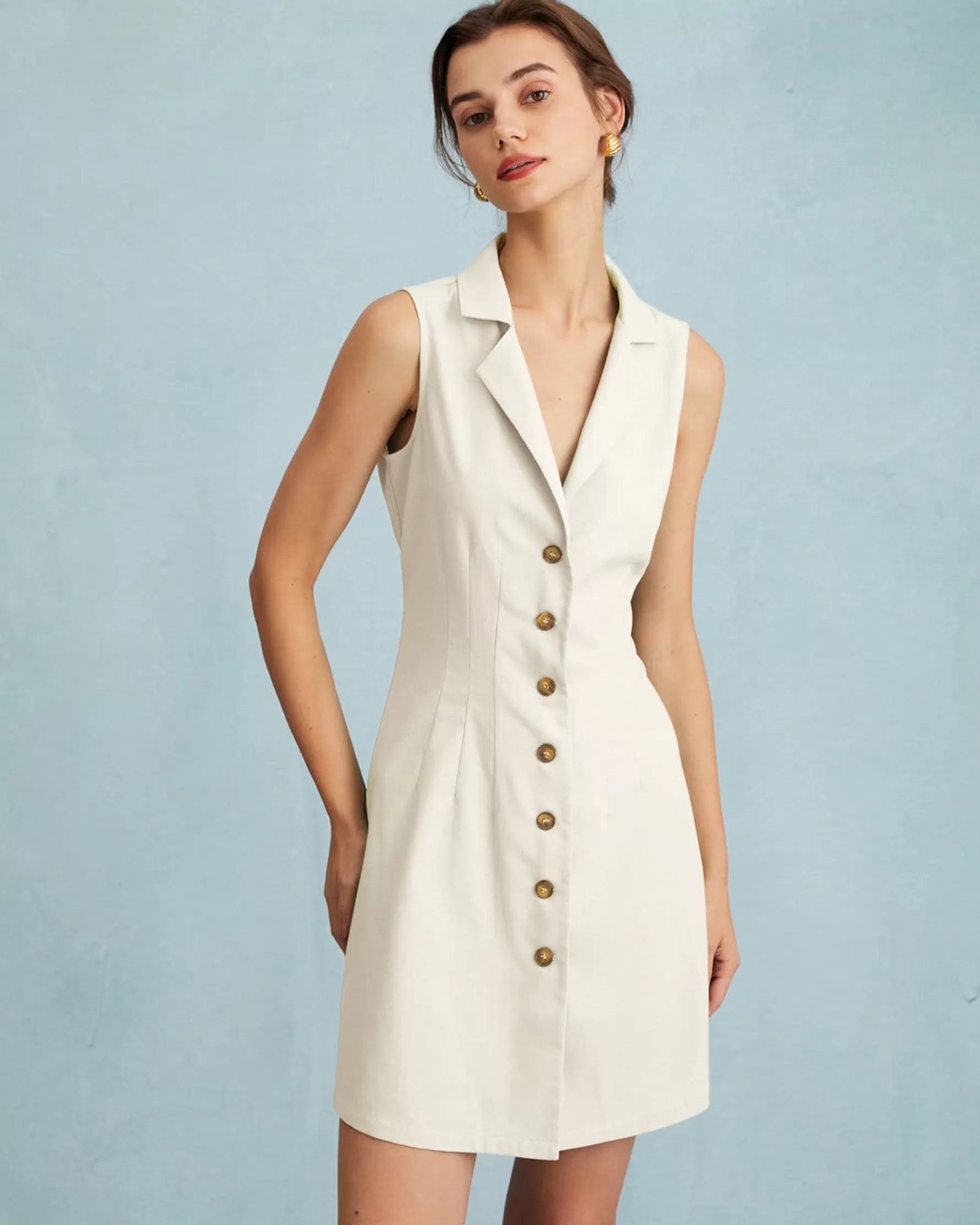 Jingus The Beige Lapel Button-up Sleeveless Mini Dress-J.ING