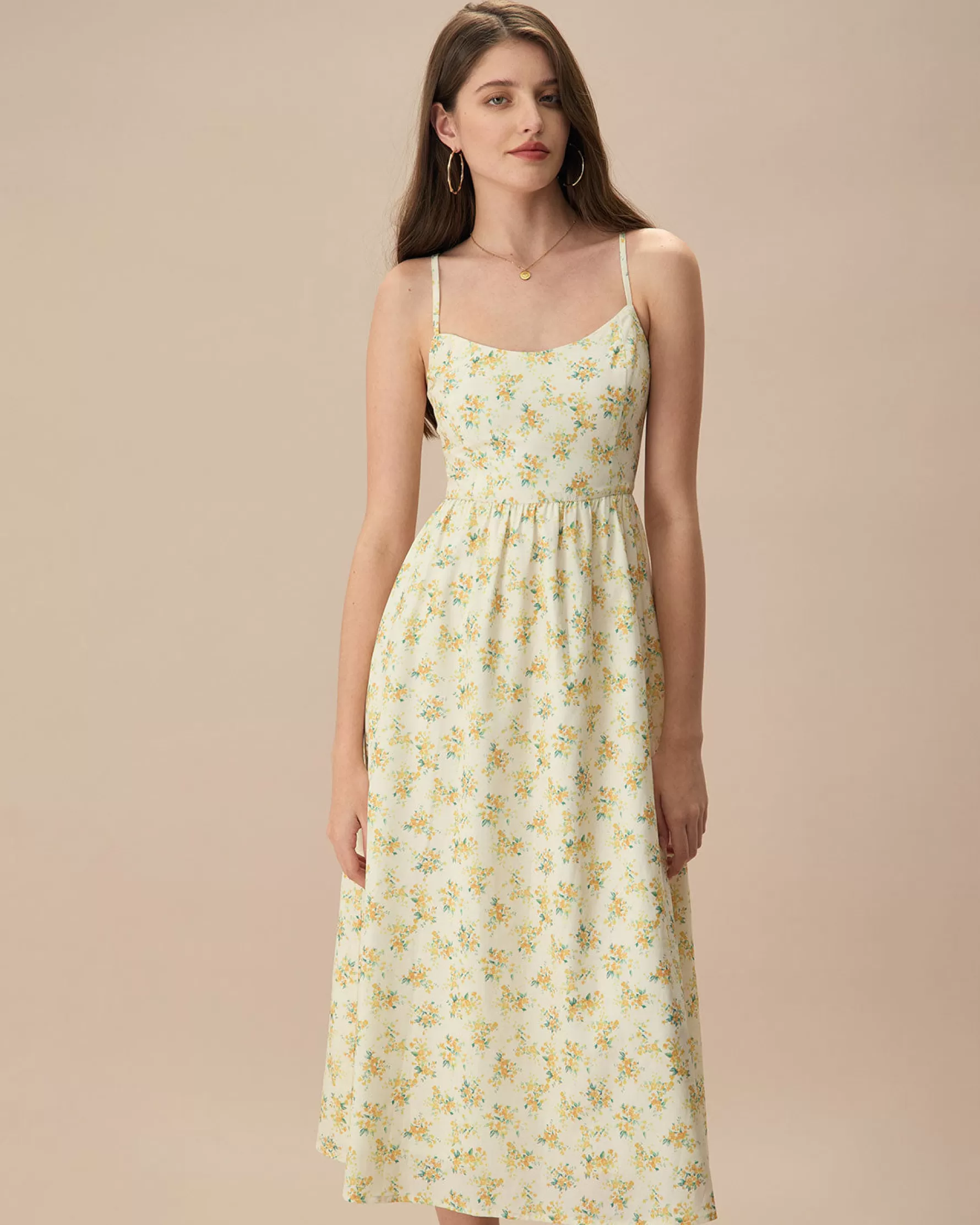 Jingus The Yellow Ruched Floral Slip Midi Dress-J.ING