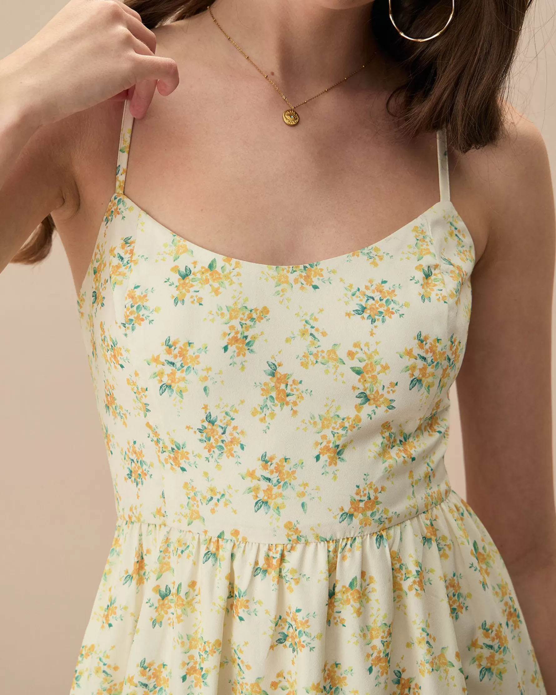 Jingus The Yellow Ruched Floral Slip Midi Dress-J.ING