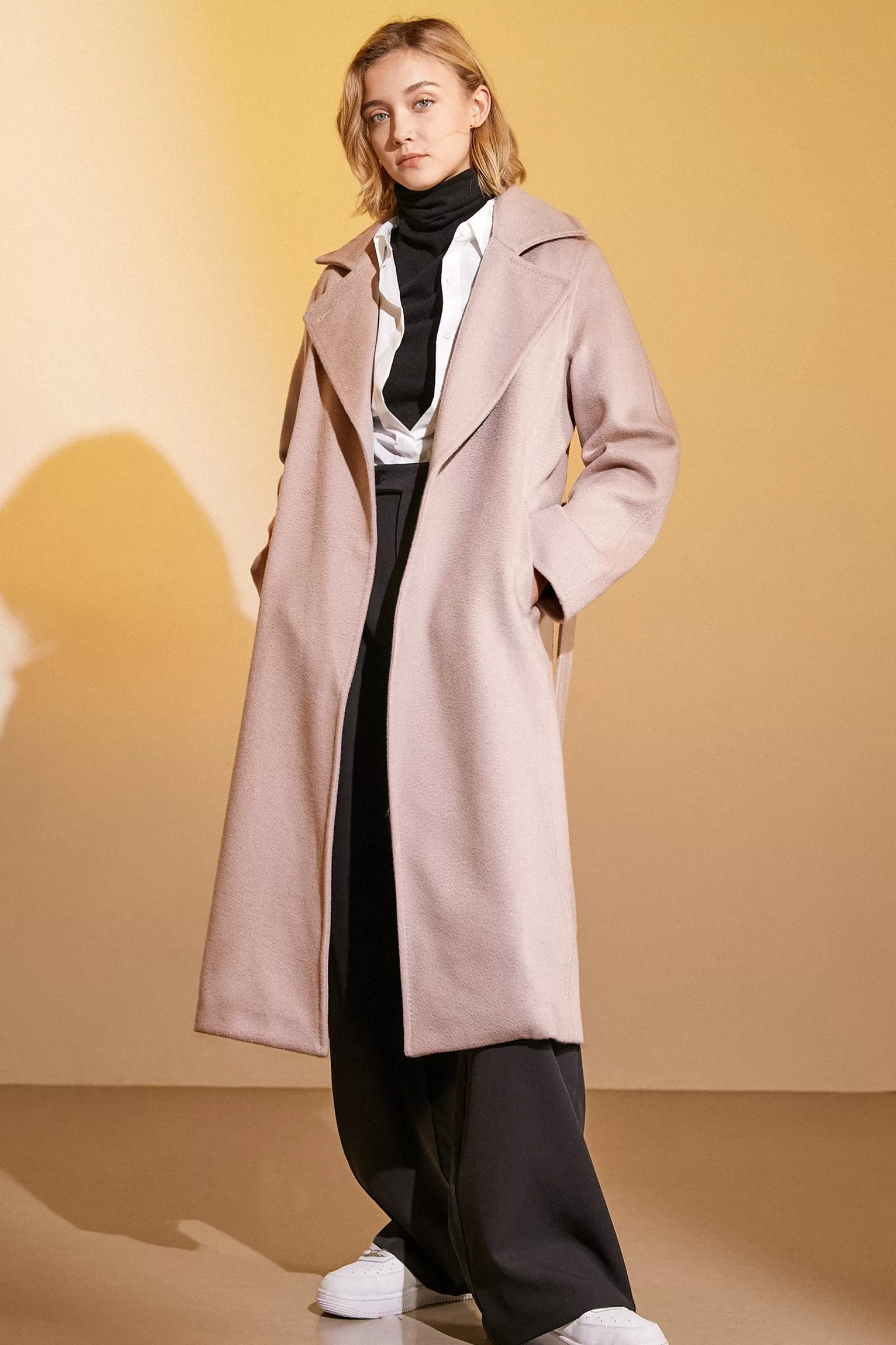 Jingus 100% Wool Notched Collar Tie Belt Coat-J.ING