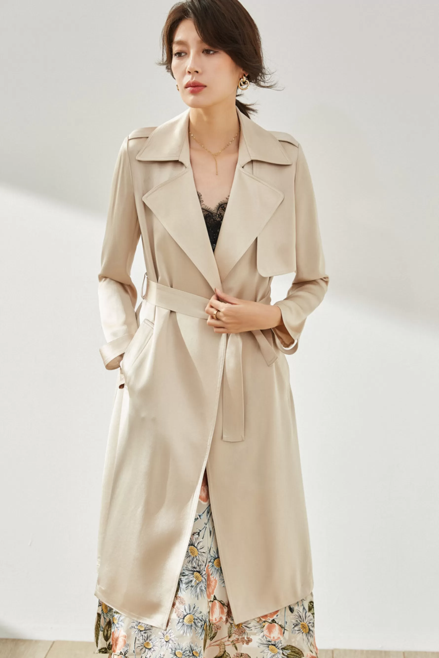 Jingus Triacetate Lapel Trench Coat-J.ING