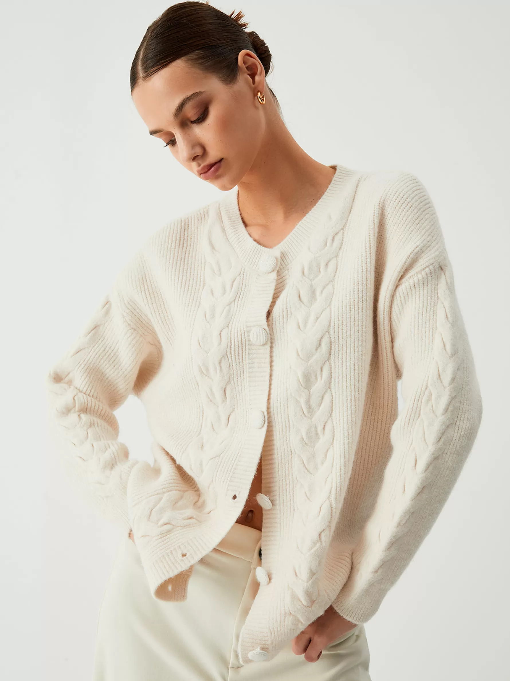 Jingus Vanilla Button Down Cable Knit Overized Cardigan-J.ING