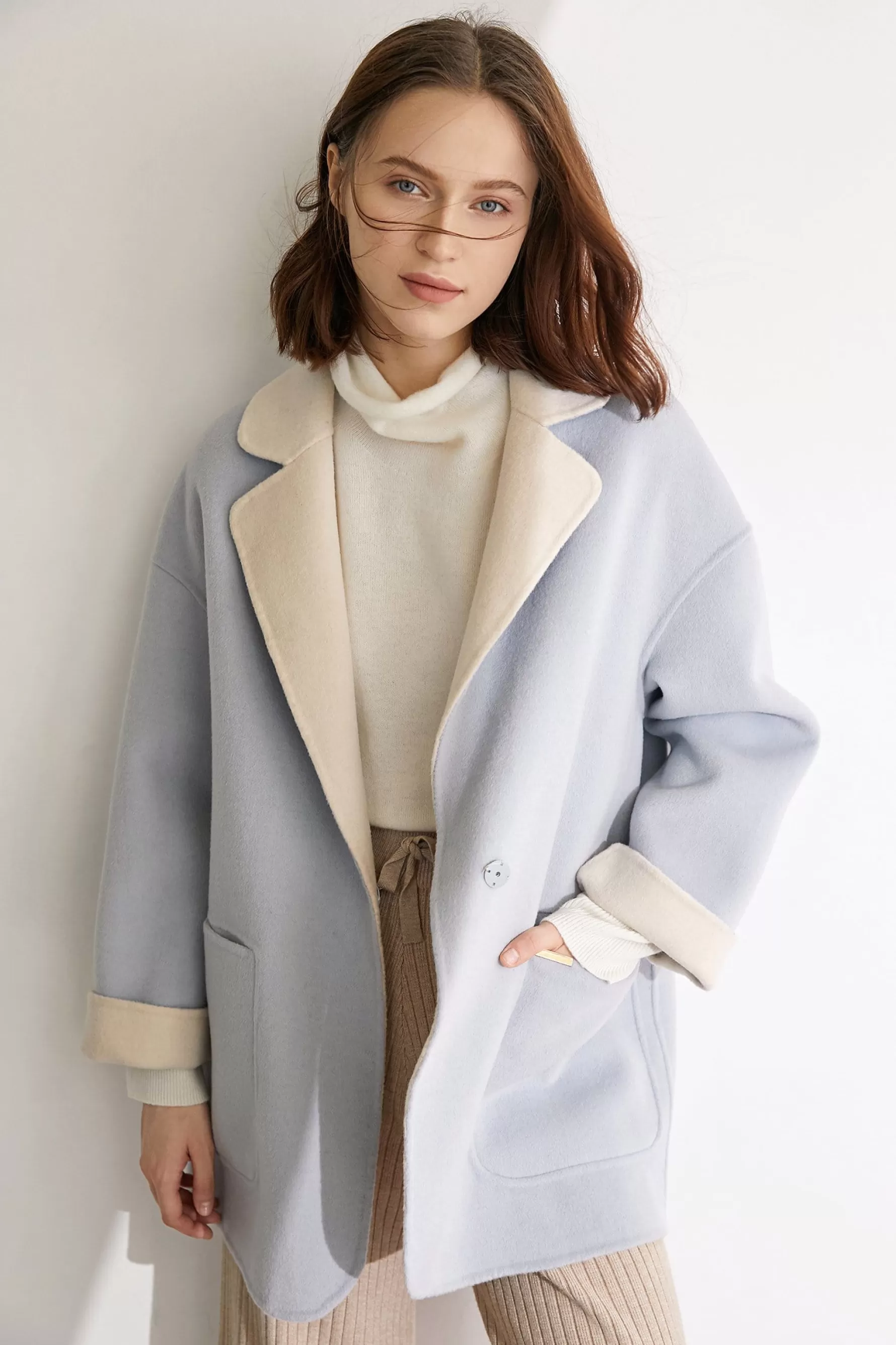 Jingus Verge Pale Turquoise Premium Wool Drop Shoulder Coat-J.ING