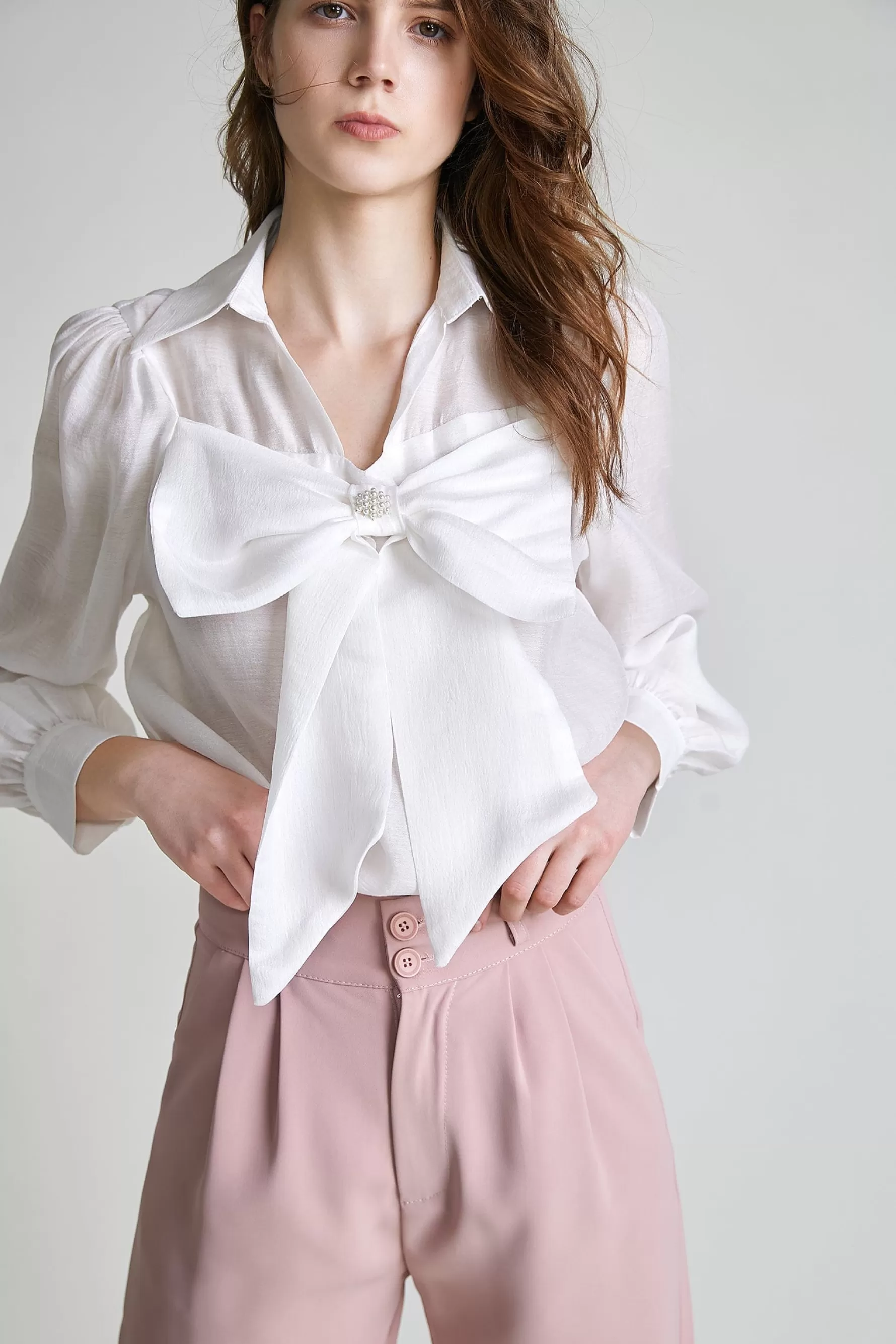 Jingus Bow-Front Collared Blouse-J.ING