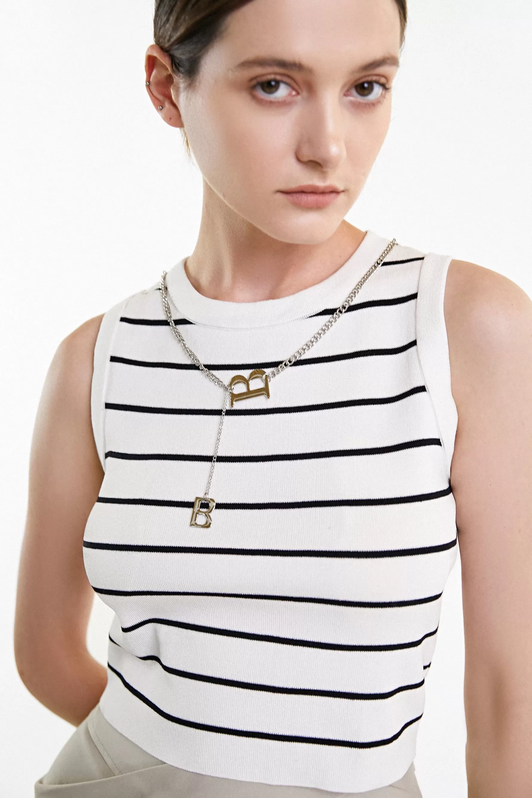 Jingus Chain Necklace Detail Striped Cropped Tank Top-J.ING