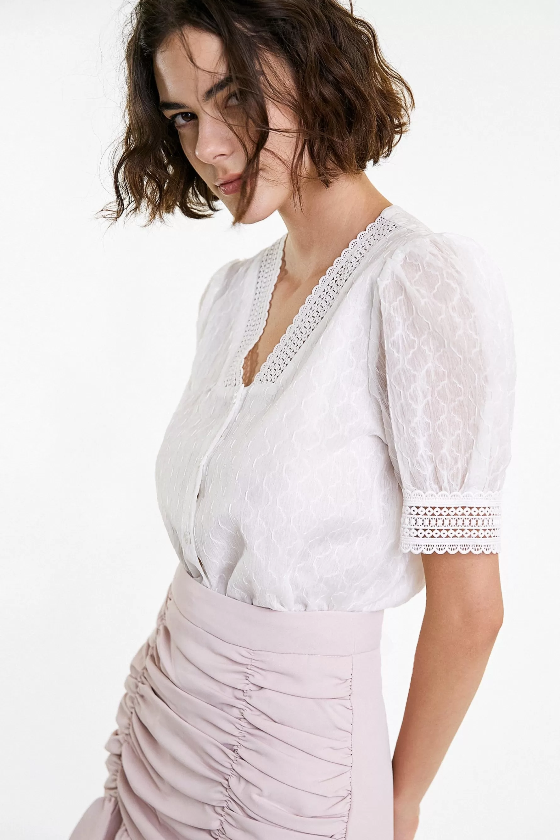 Jingus Crochet Lace Trim V-Neck Button-Up Blouse-J.ING