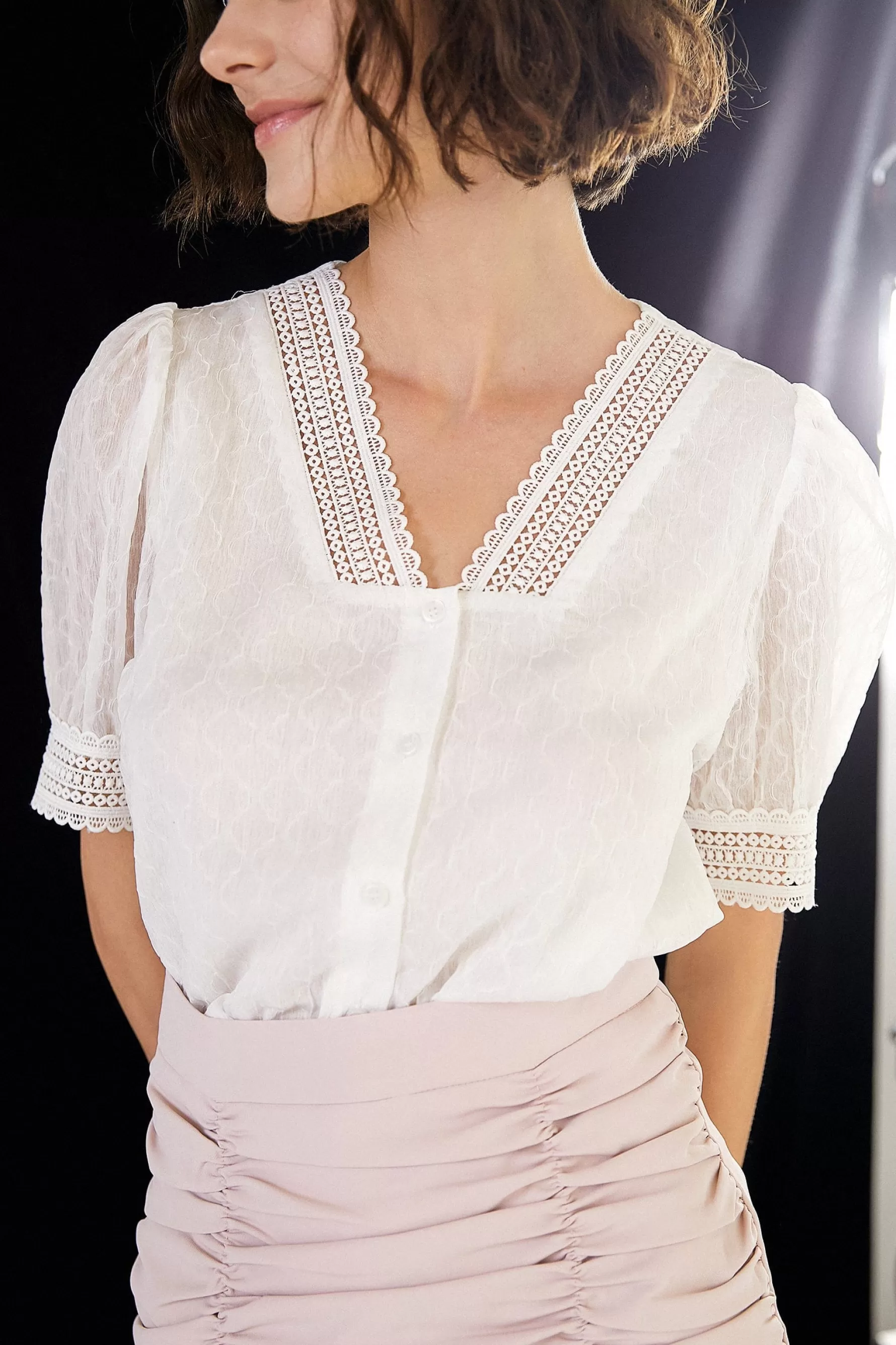 Jingus Crochet Lace Trim V-Neck Button-Up Blouse-J.ING