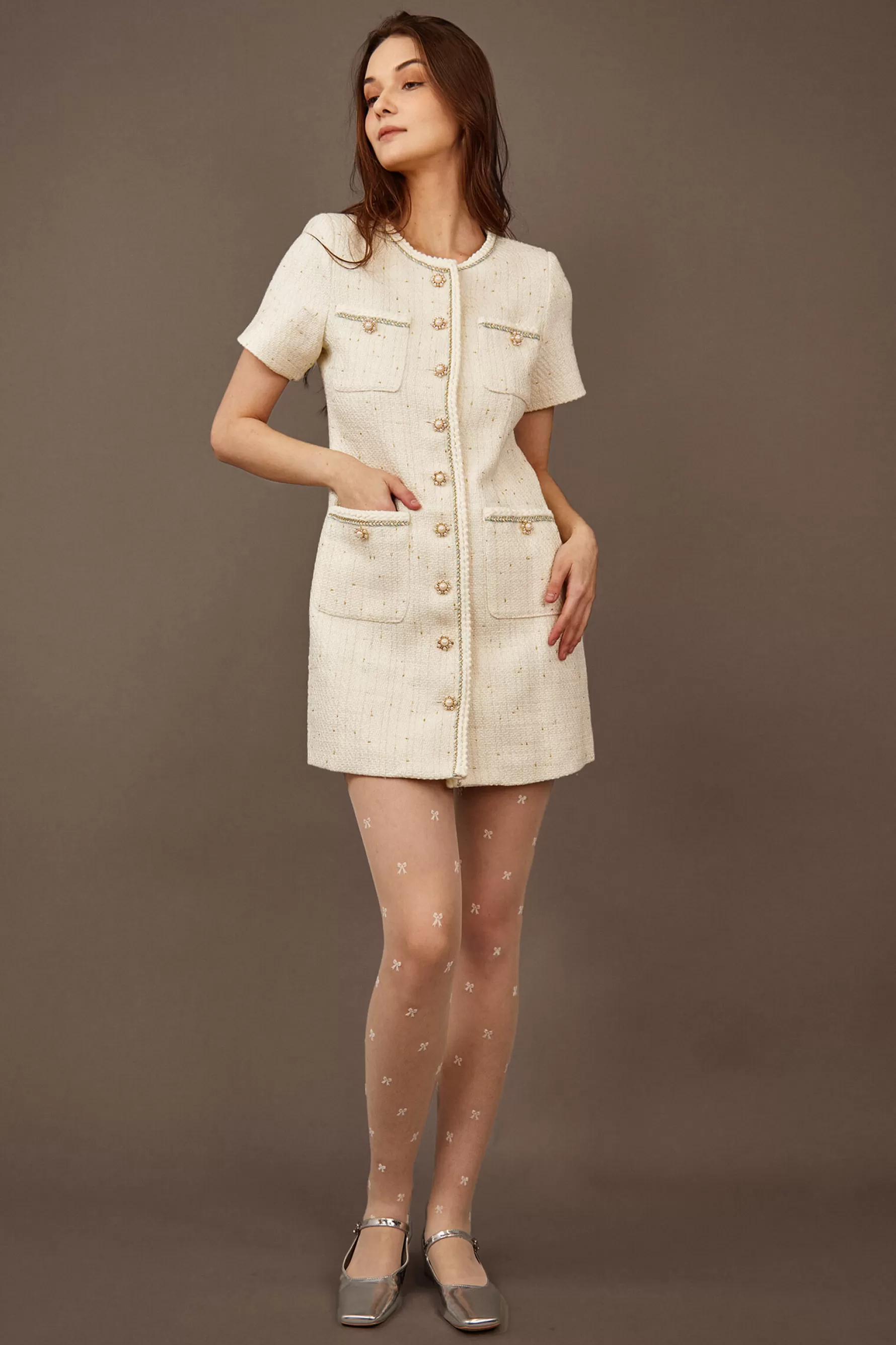 Jingus Faux Pearl Button Mini Dress-J.ING