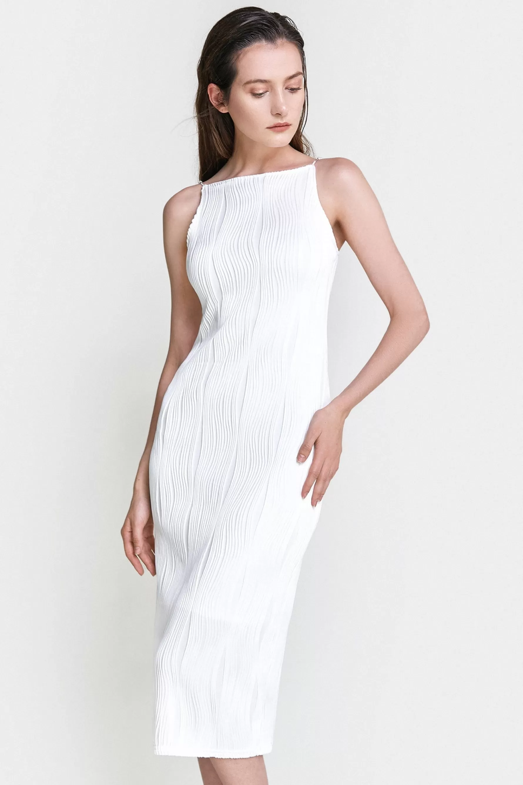 Jingus Faux Pearl Strap Pleated Midi Dress-J.ING