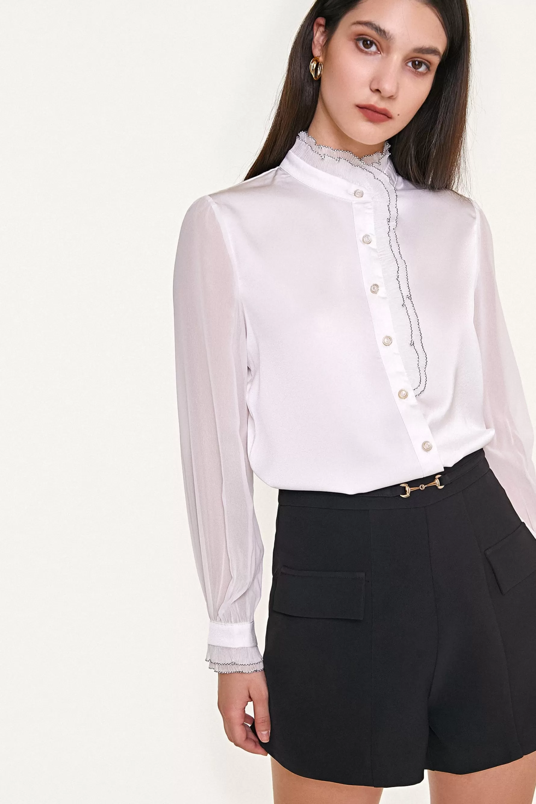 Jingus High Neck Ruffle Detail Button-Up Work Shirt-J.ING