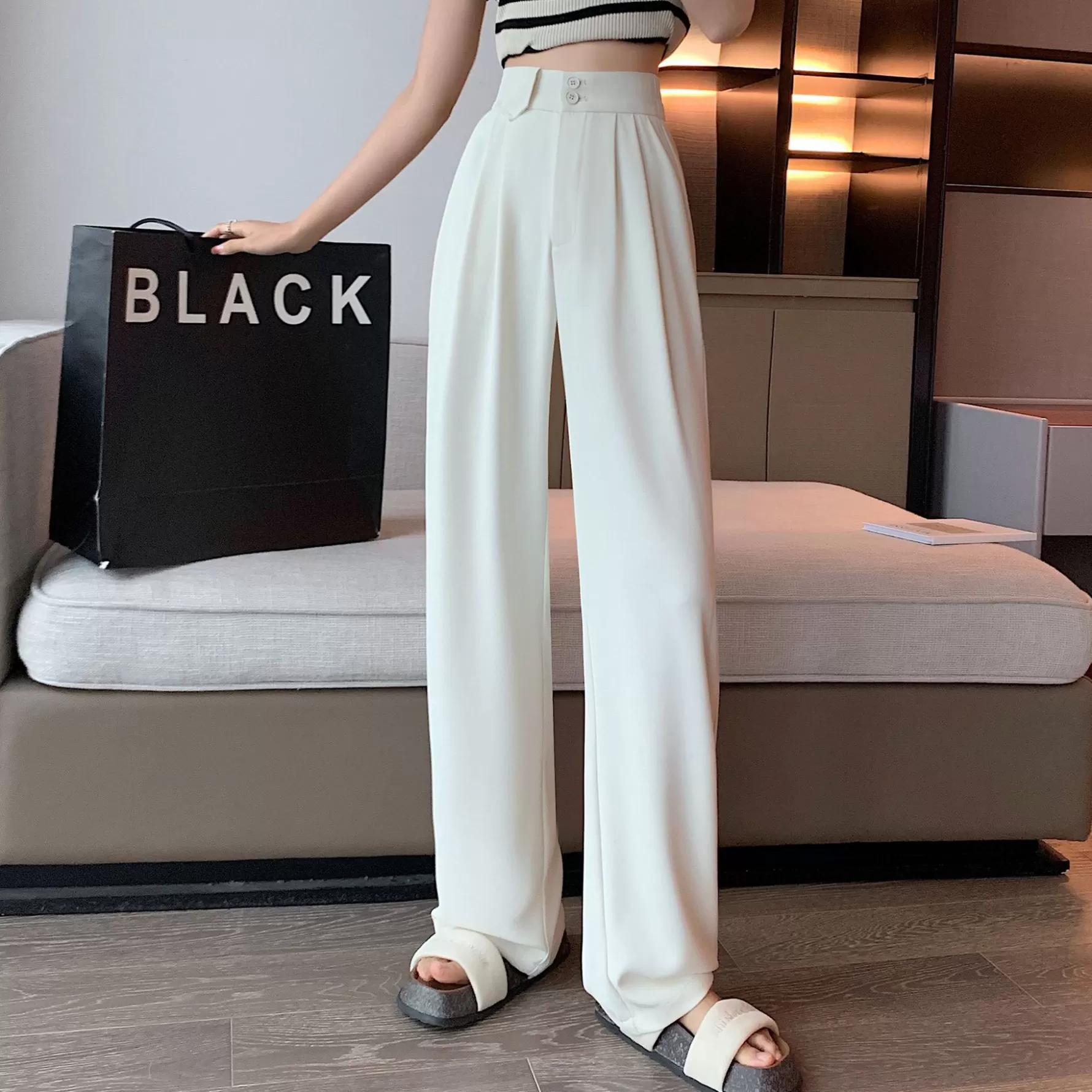 Jingus High-Waisted Straight Trousers Slacks-J.ING