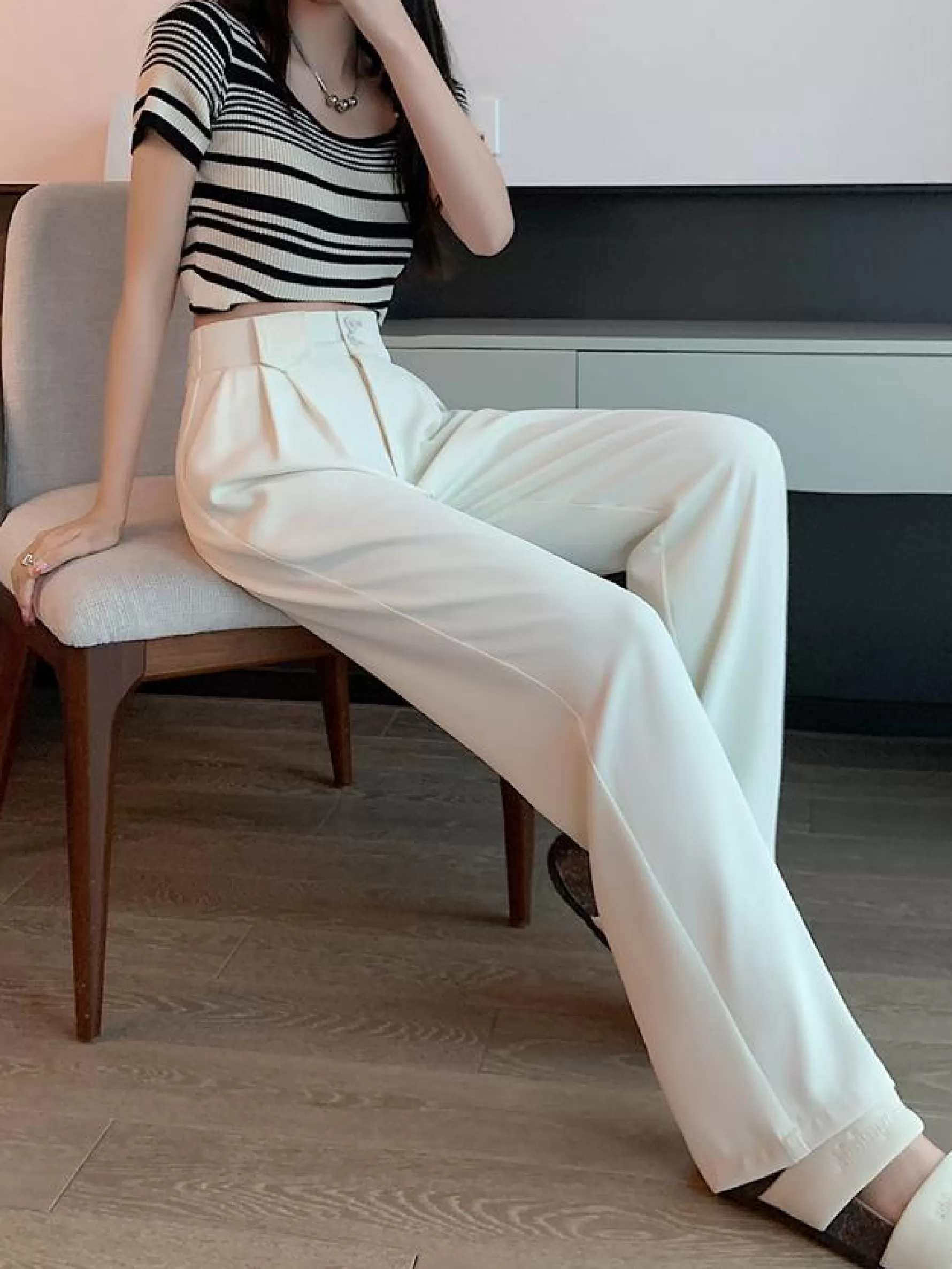 Jingus High-Waisted Straight Trousers Slacks-J.ING