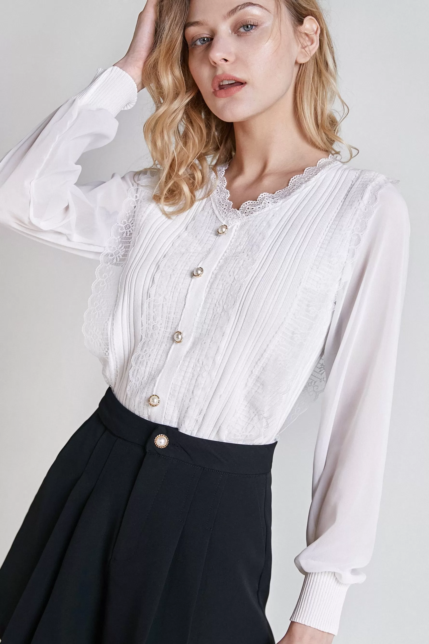 Jingus Lace Detail Mesh Knit Blouse-J.ING