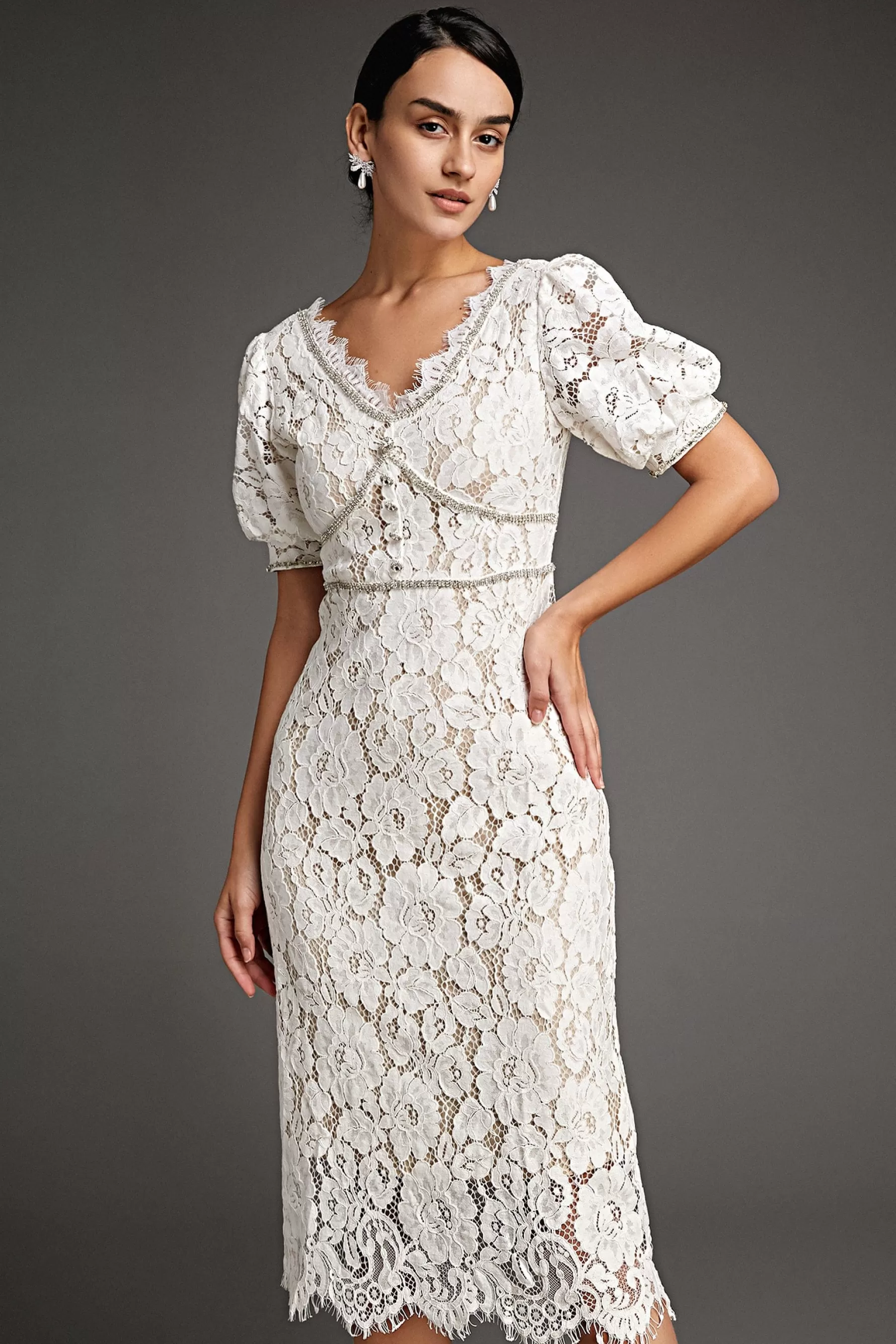 Jingus Lace Overlay V-Neck Rhinestone Detail Midi Dress-J.ING