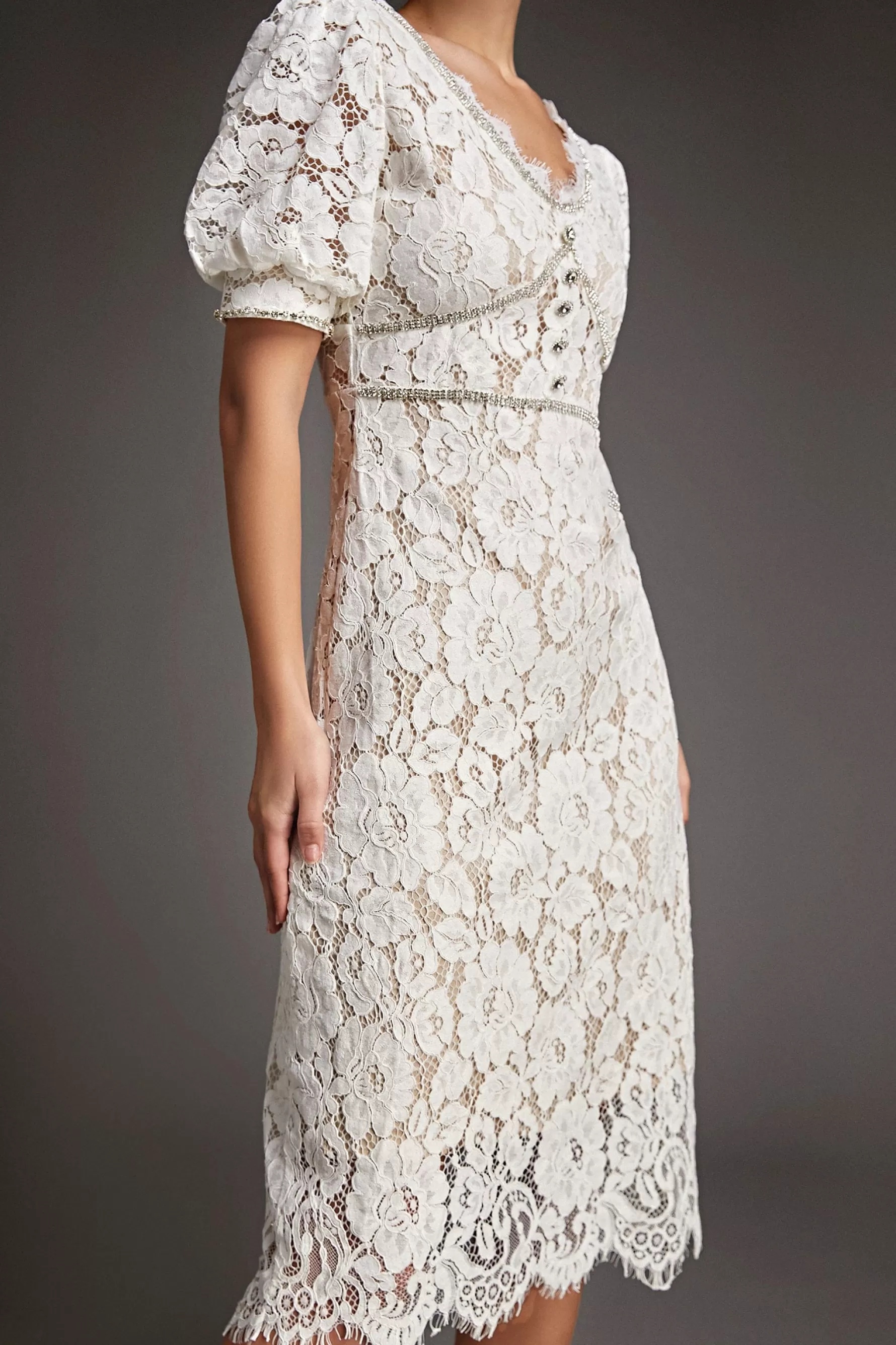 Jingus Lace Overlay V-Neck Rhinestone Detail Midi Dress-J.ING