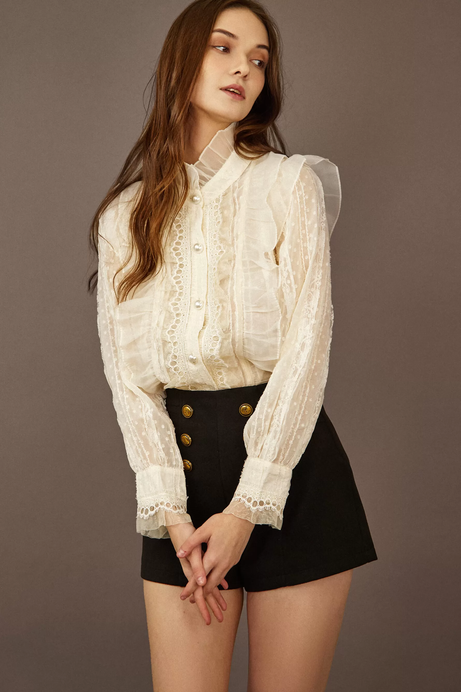 Jingus Lace Trim Faux Pearl Button Blouse-J.ING