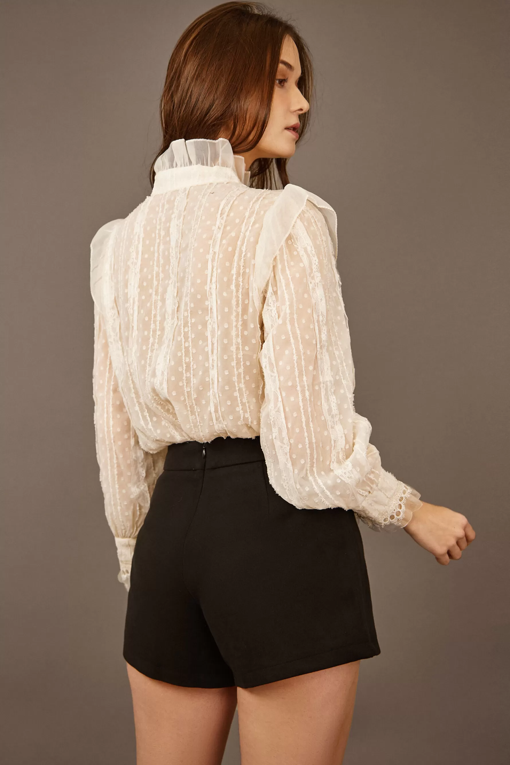 Jingus Lace Trim Faux Pearl Button Blouse-J.ING