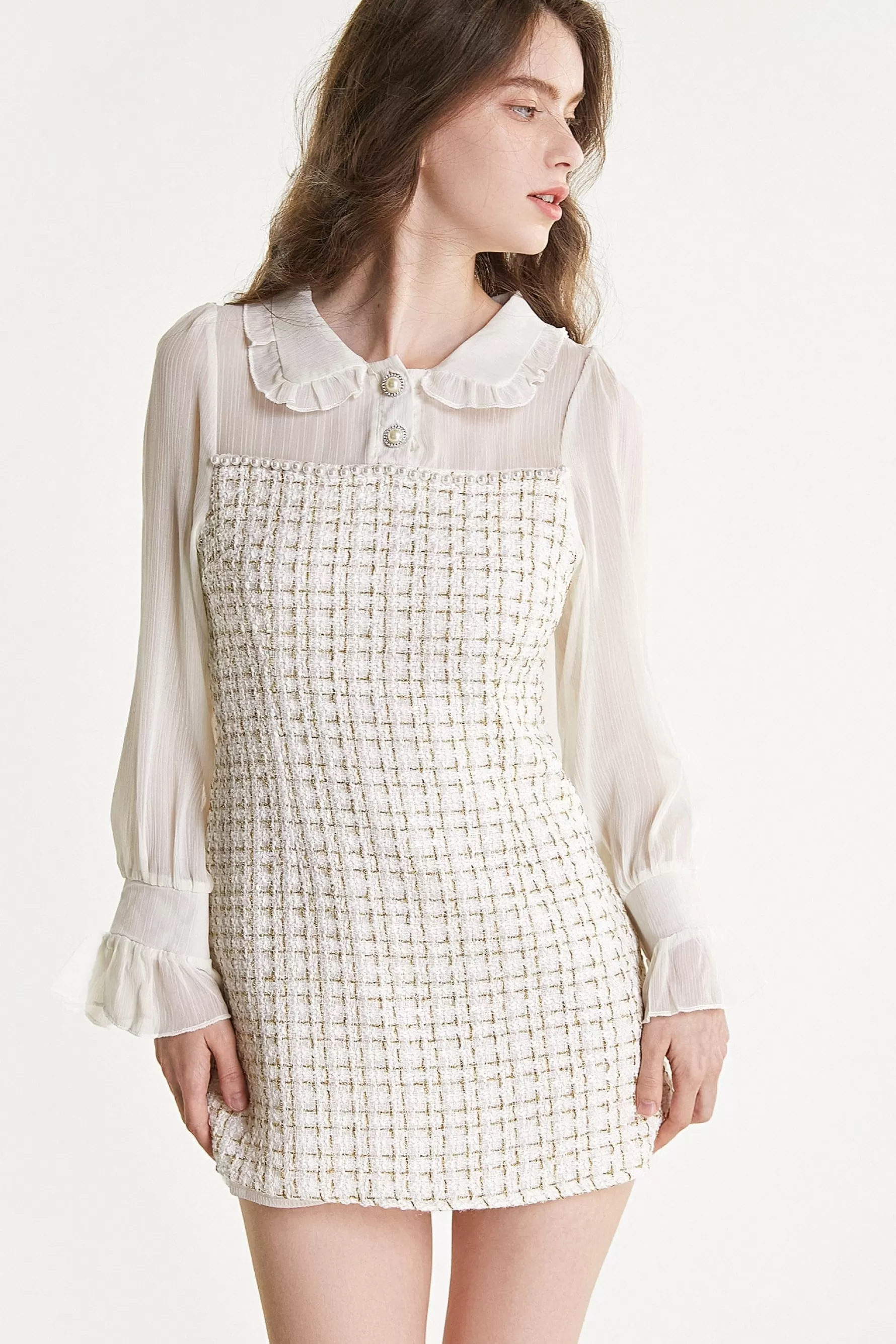 Jingus Mesh Yoke Tweed Mini Dress-J.ING