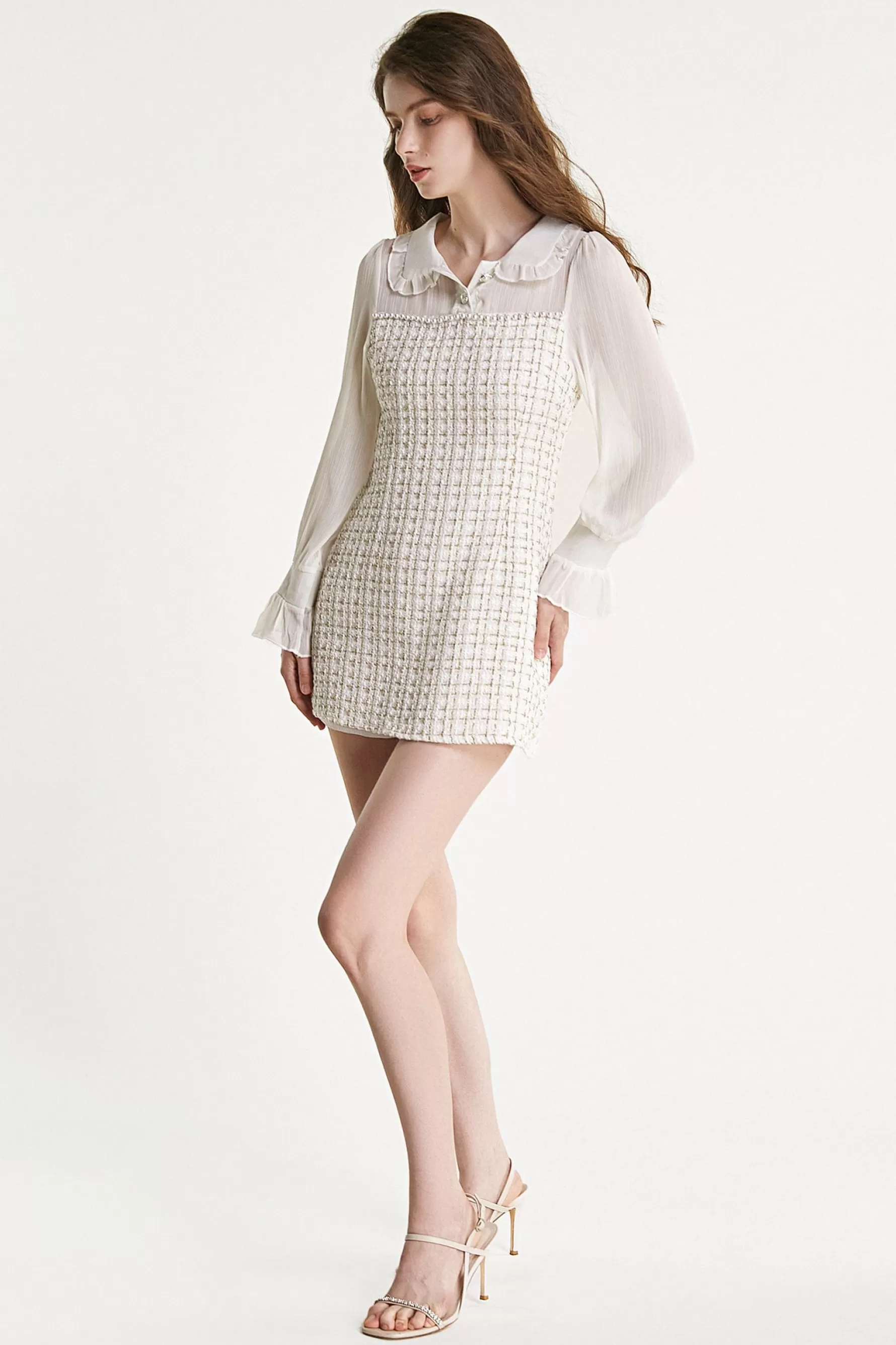 Jingus Mesh Yoke Tweed Mini Dress-J.ING