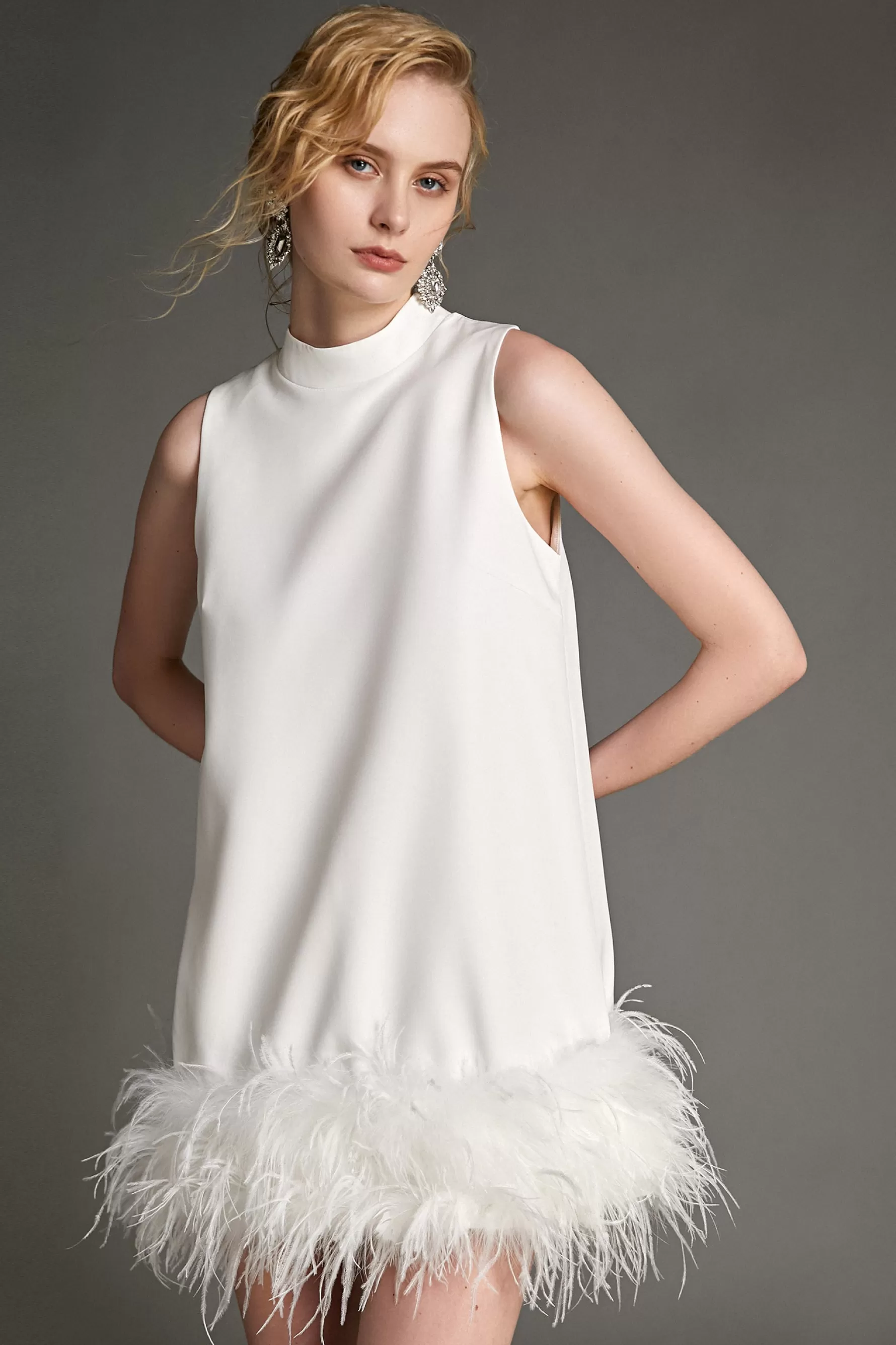 Jingus Sleeveless Mock Neck Feather-Trimmed Mini Dress-J.ING