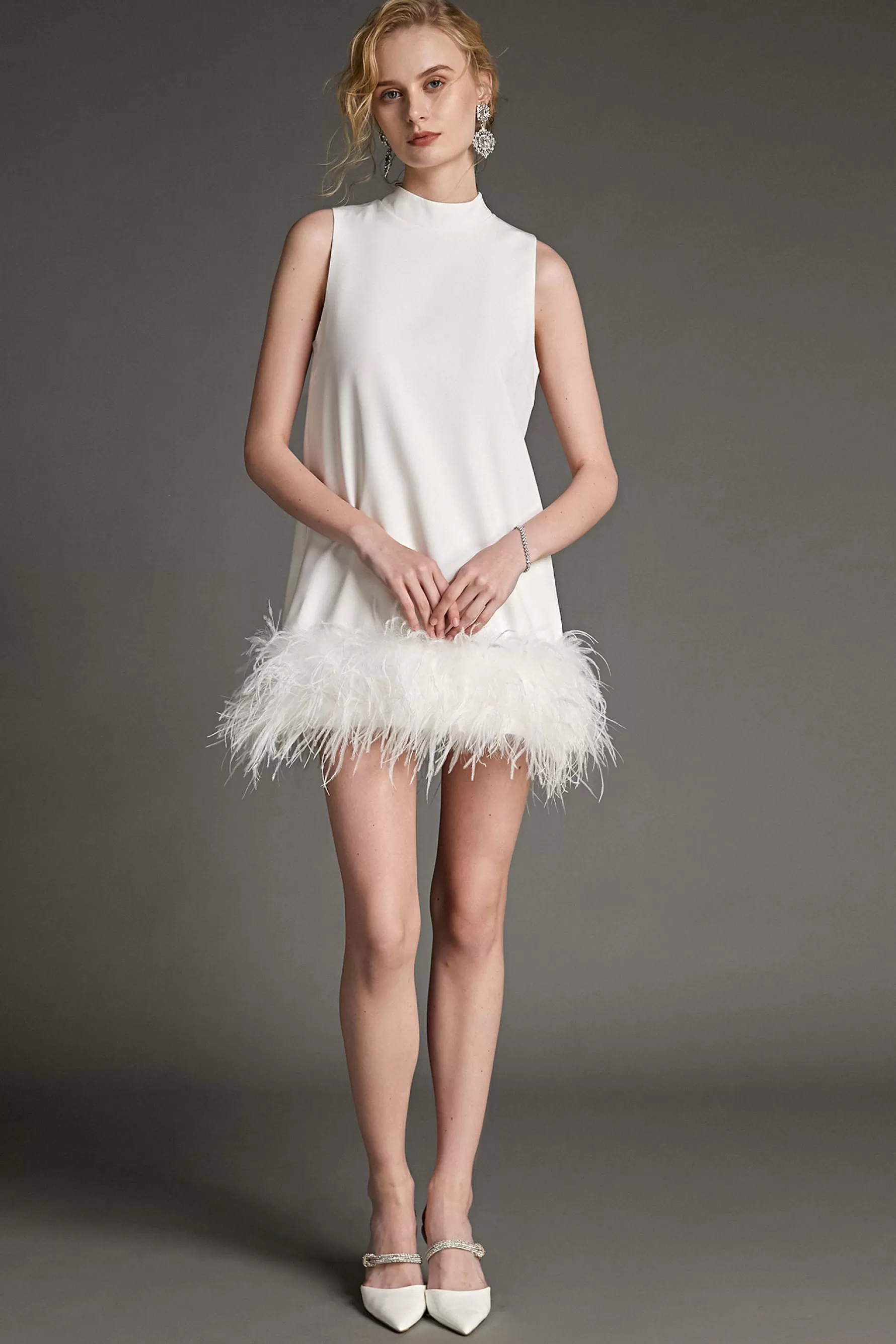 Jingus Sleeveless Mock Neck Feather-Trimmed Mini Dress-J.ING