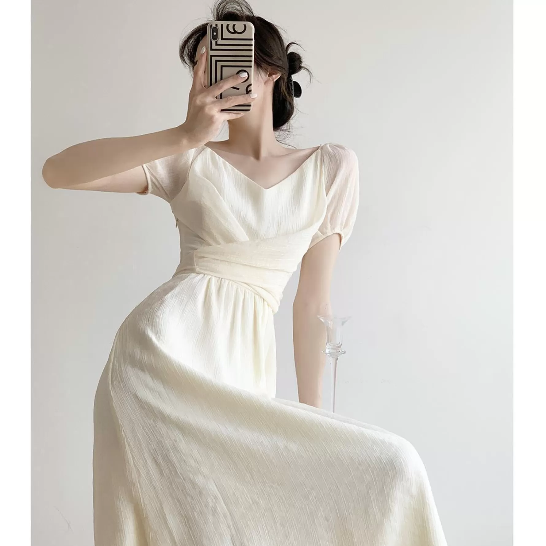 Jingus White Square Neck Puff Sleeve Dress.-J.ING