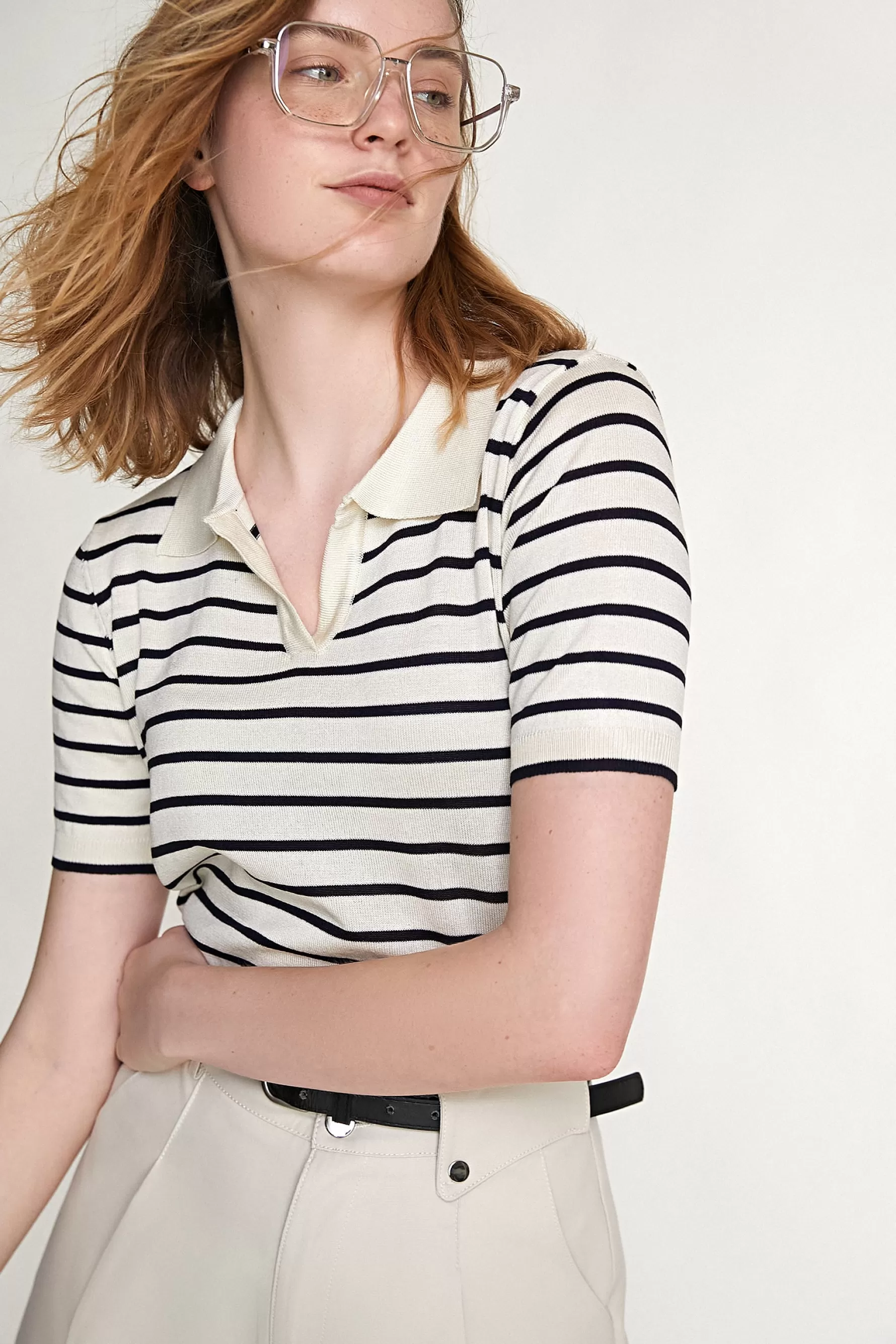 Jingus Striped Polo Collar Knitted Top-J.ING