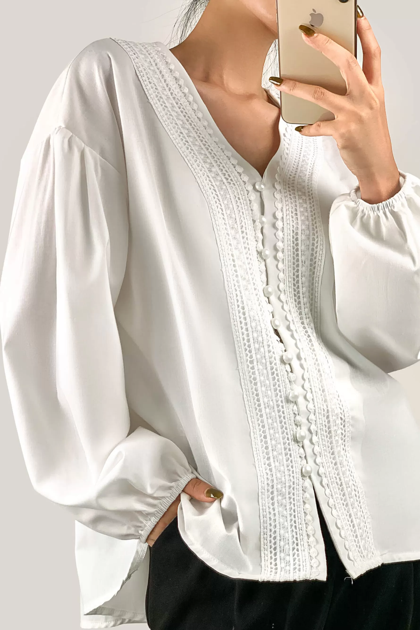 Jingus V-Neck Balloon Sleeve Embroidery Detail Blouse-J.ING