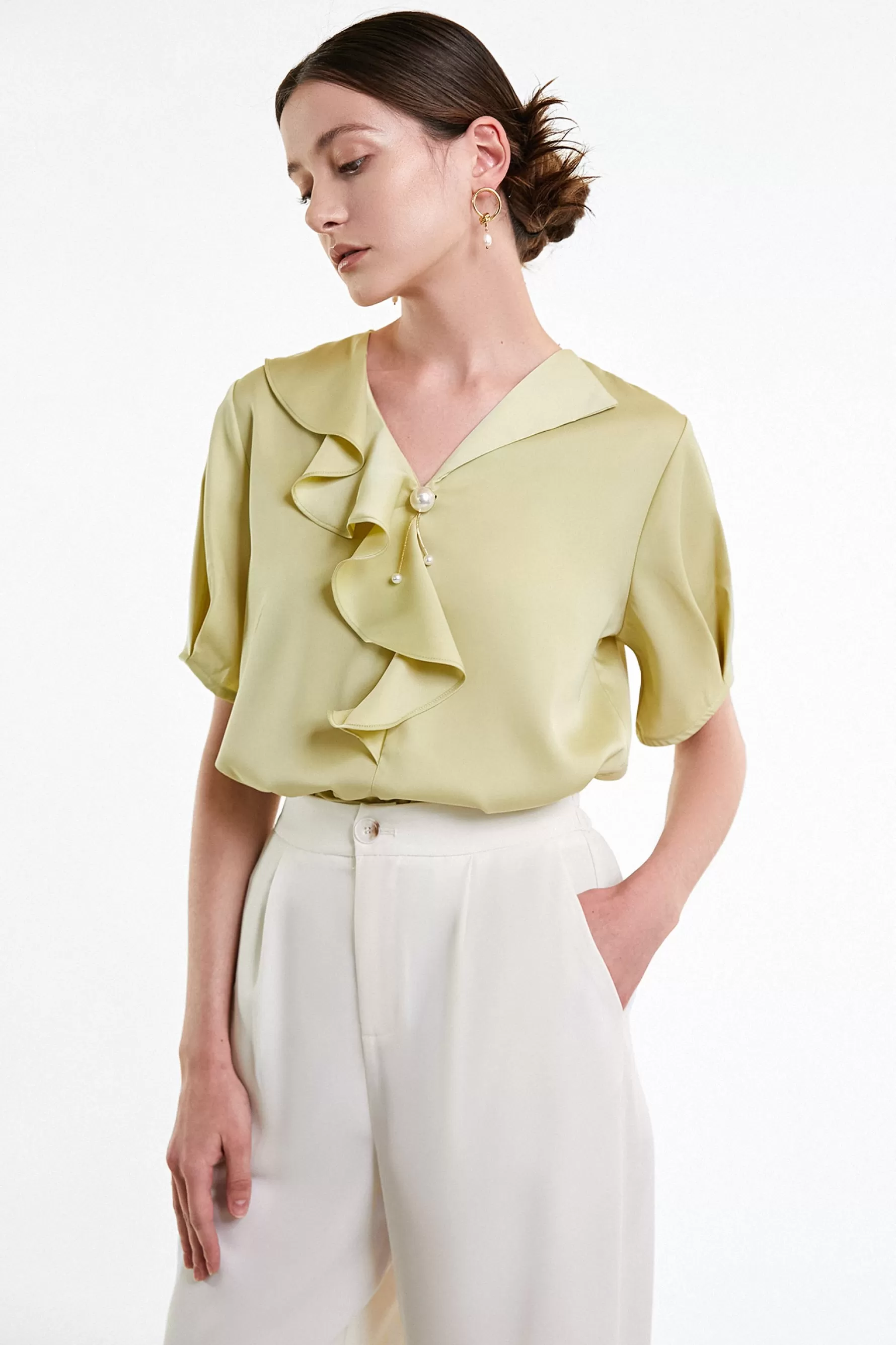 Jingus Yellow Green Flounce-Trimmed Short Sleeve Blouse-J.ING