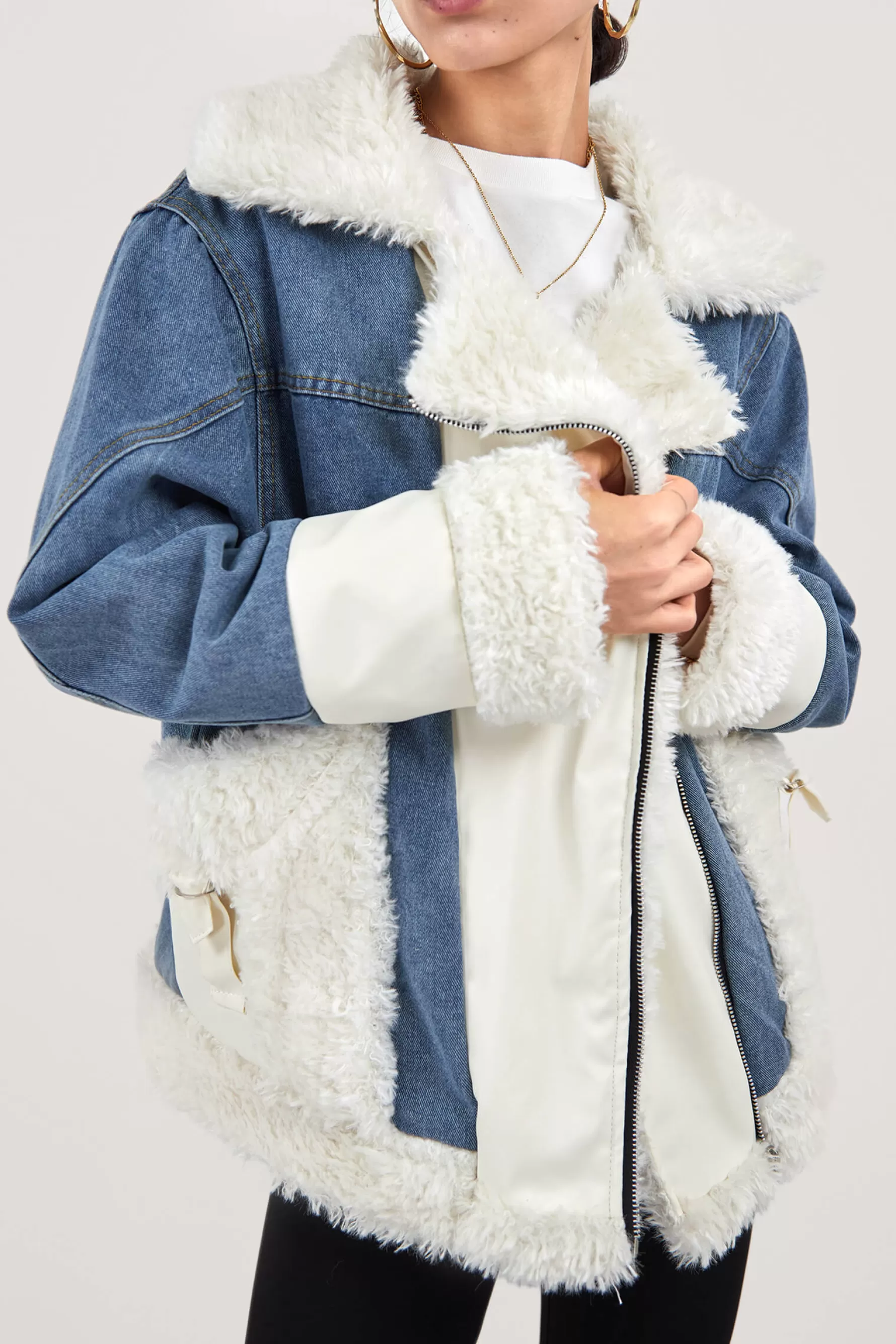 Jingus Zip Up Teddy Denim Jacket-J.ING